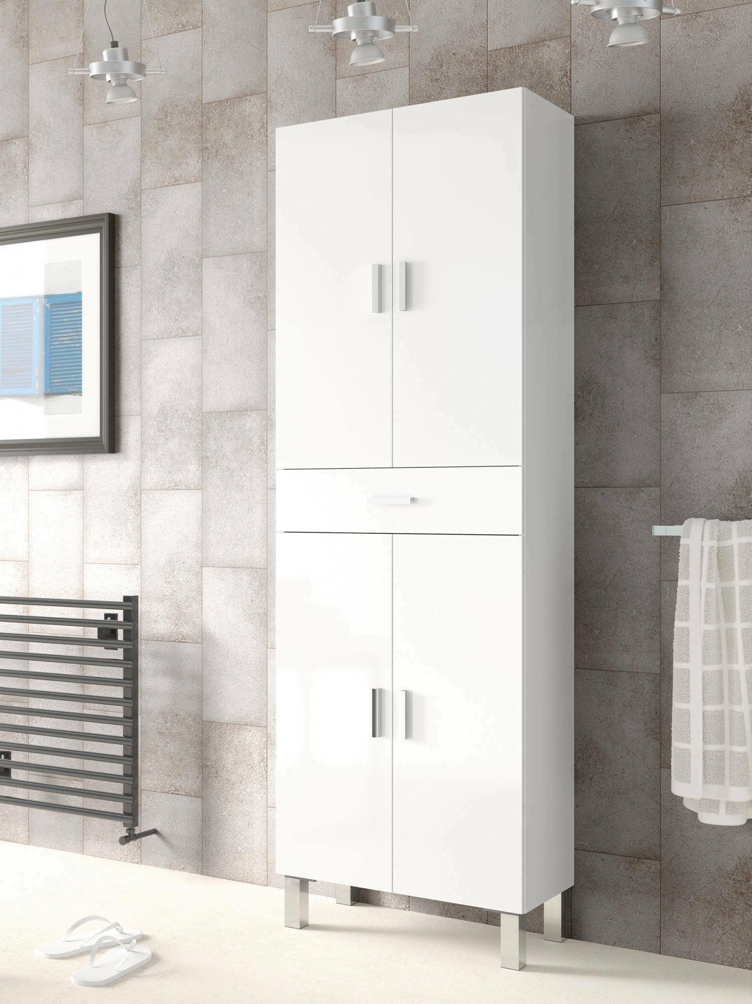 Armadio Multiuso Oxnard Bianco Lucido - 4 Ante, 1 Cassetto, 60x29x182 Cm, Per Bagno, Lavanderia, Ingresso - Foto 12