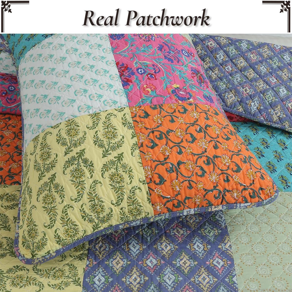 Cozy Line Home Fashions Bright Bold Multi Color Boho Floral Patchwork 3 Piece Cotton King Quilt Bedding Set