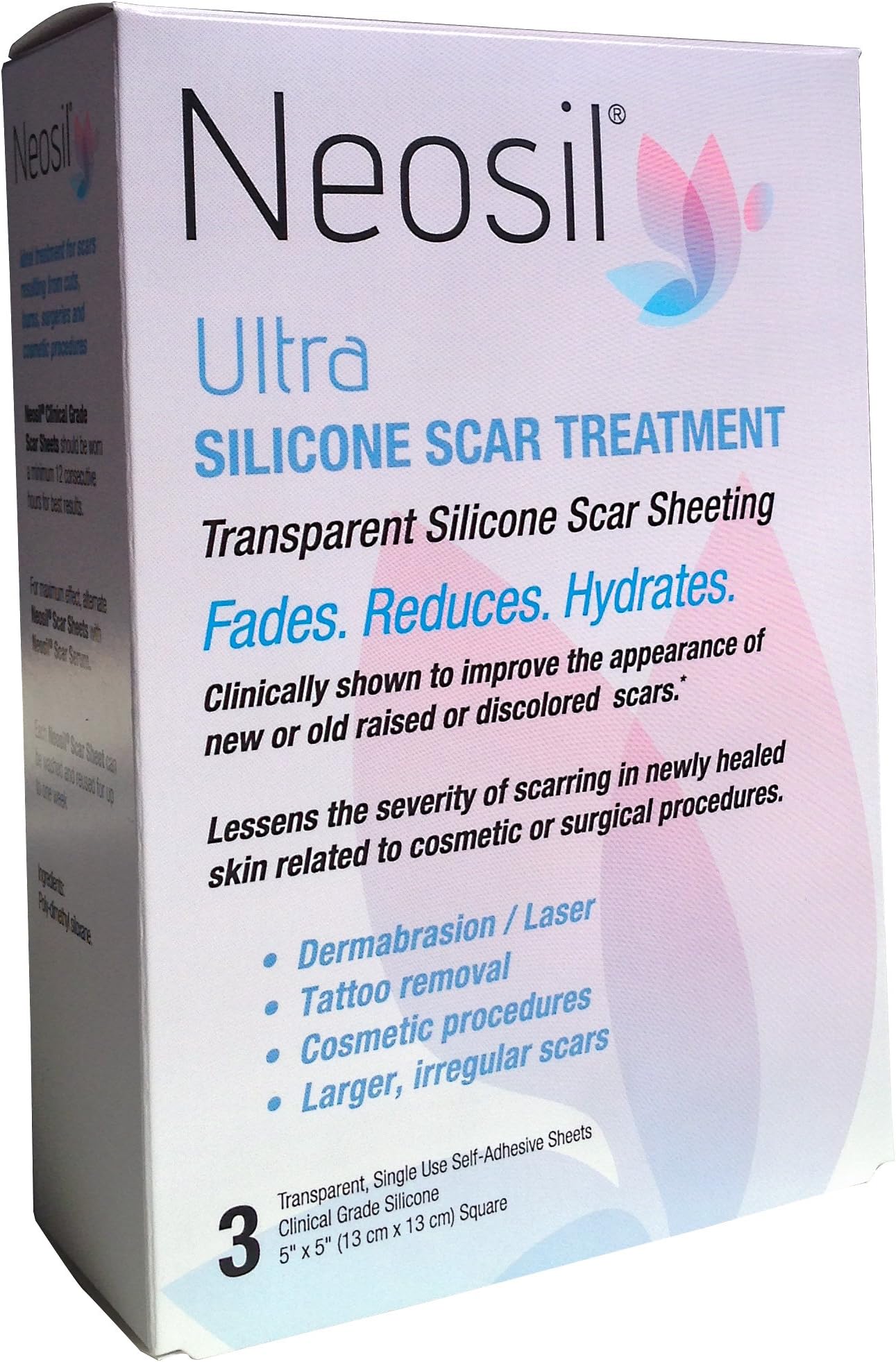 NEO-0210 Ultra Large Transparent Silicone Scar Sheeting for Burns, Dermabrasion or Laser Treatments, 5" x 5" (Pack of 3)
