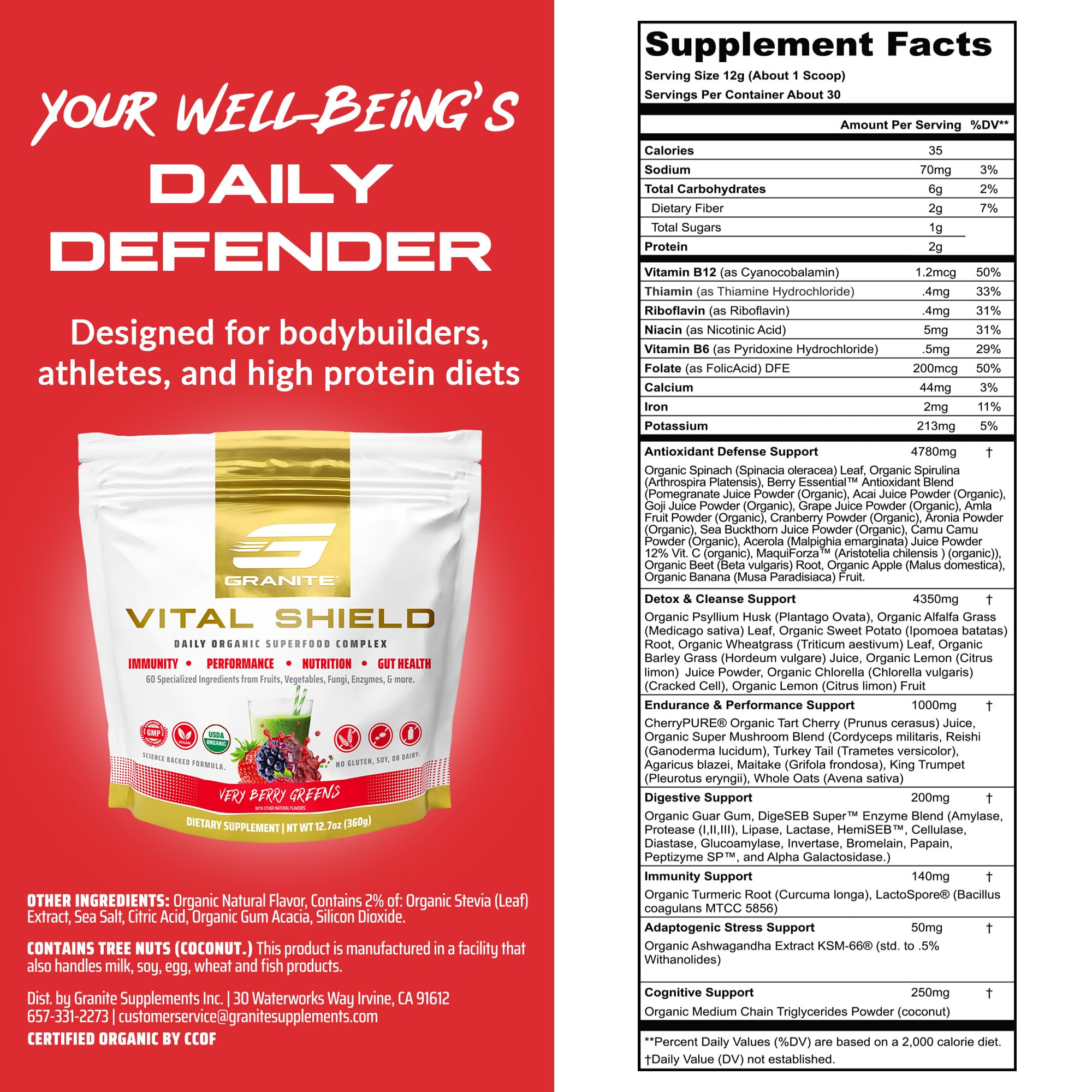 (inv) Granite Nutrition Vital Shield - USDA Organic Superfood Greens with Mushrooms & Tart Cherry for Energy, Immunity & Gut Health - Very Berry (30 Servings)