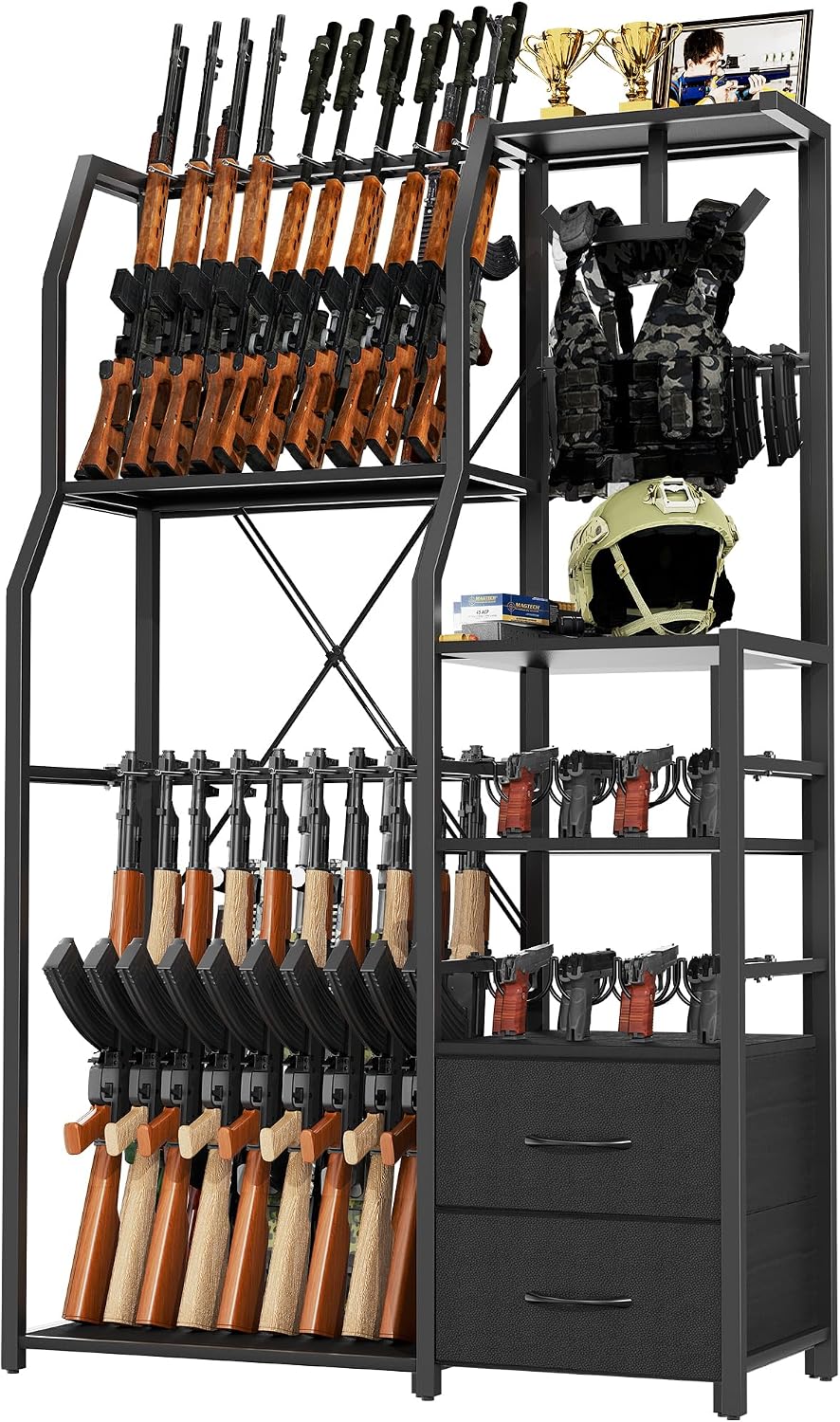 Spacesea Large Indoor Gun Racks with 20 Long Storage, 4-in-1 Metal Rifle Rack with 2 Drawers and Vest Rack, Floor Gun Rack for Hunting and Accessories (Classic Black)