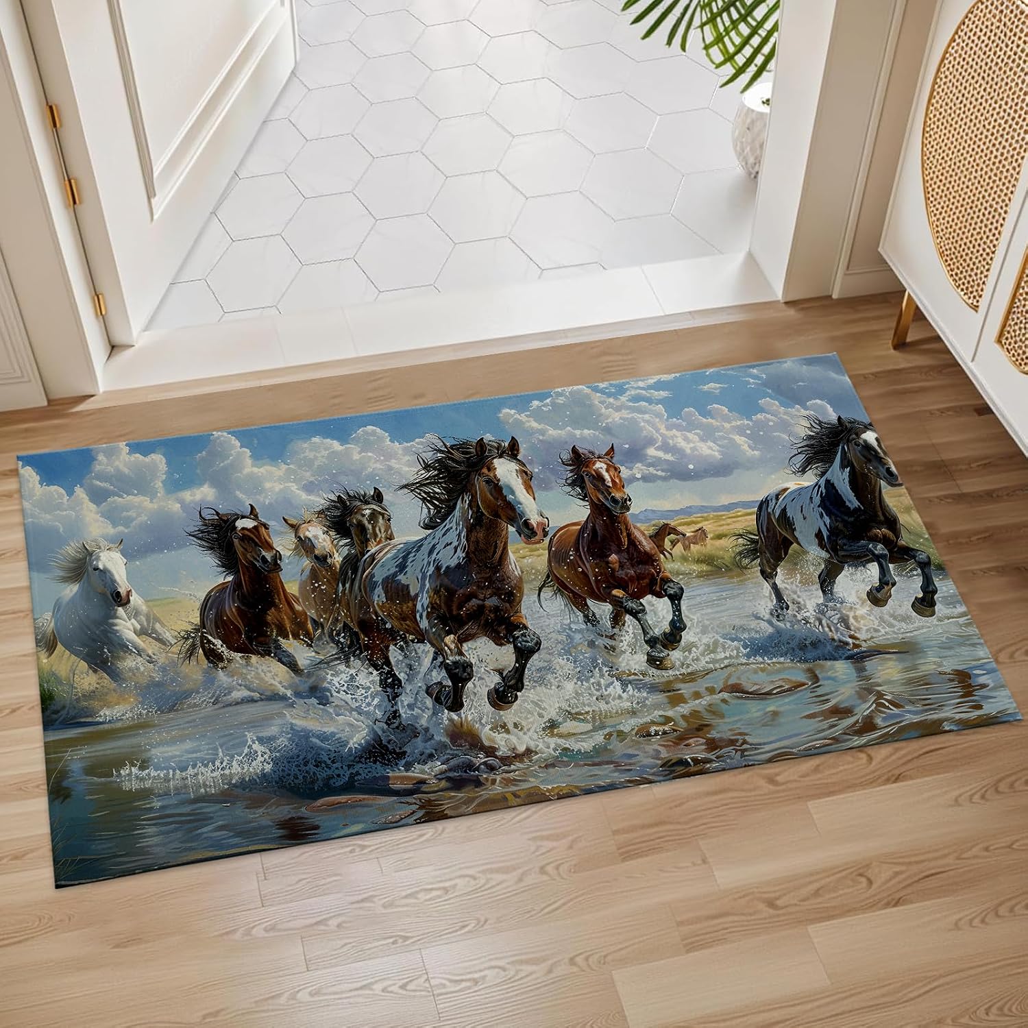 Galloping Horses Indoor Door Mat, 17x29.5 Inch, Floor Area Rug for Entryway, Living Room, or Bathroom, Non-Slip Doormat, Wild Horse Running Through Water Theme Design Home Decor Rug Gifts