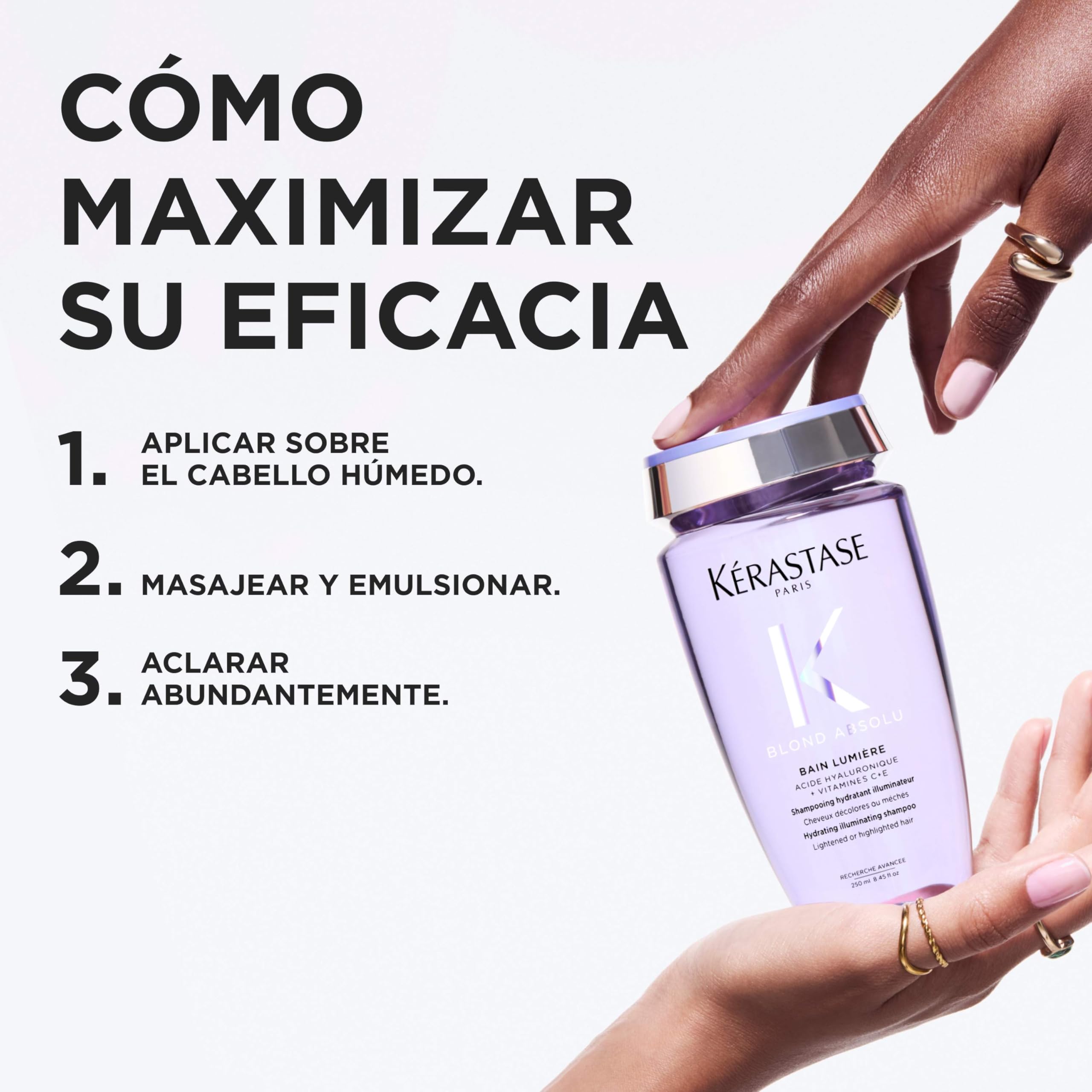 Kérastase Blond Absolu, Champú Hidratante Iluminador, Para Pelo Sensibilizado, Decolorado, Con Mechas y Grises, Enriquecido Con Ácido Hialurónico, Bain Lumière, 250 ml
