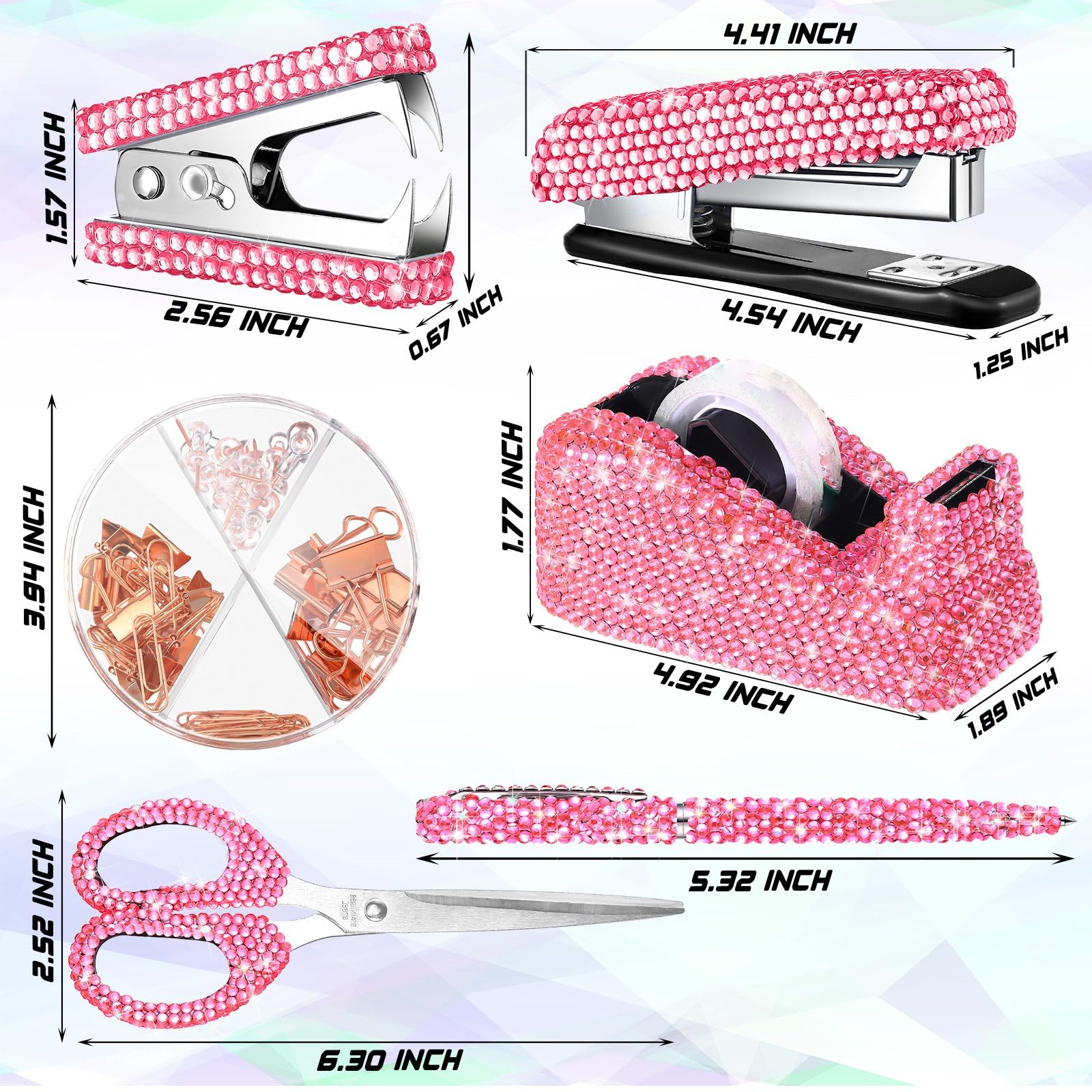 Bling Büro-Schreibtisch-Zubehör-Set, Kristall-Schul-Schreibwaren-Set, Schere, Hefter mit Heftklammer, Klebebandspender, Diamantstift, Klammerentferner, Binder-Clips, Büroklammern, Reißzwecken für