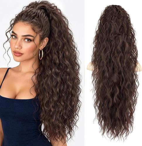 Isaic Ponytail Extension 30 Inch Claw Clip Ponytail Extension for Women, Dark Brown Long Wavy Pony Tails Hair Extensions Synthetic Hair Extensions Ponytail for Daily Use(Dark Brown
