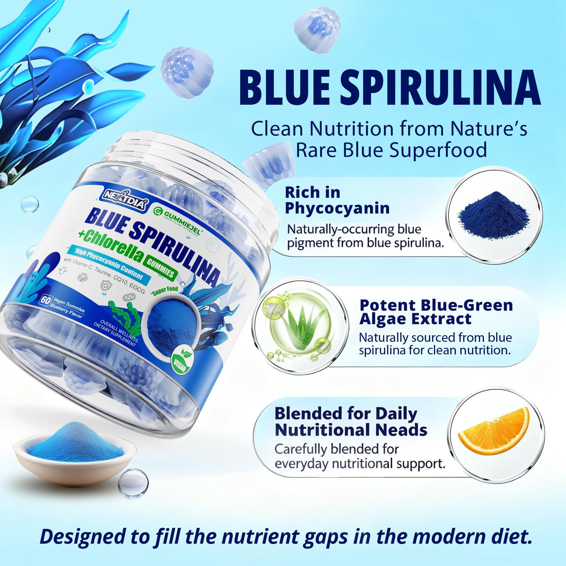 Nextdia Organic Blue Spirulina Chlorella Gummies, 60 Ct — Amazon image 3