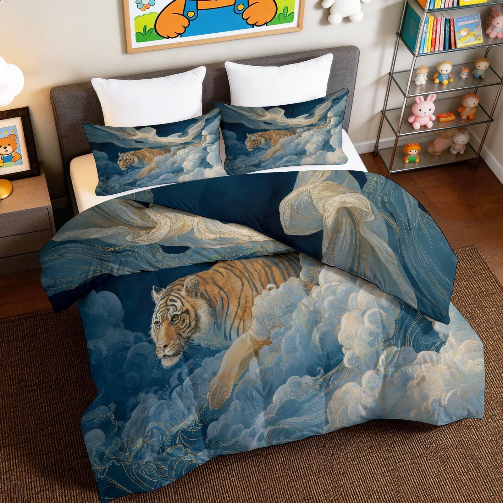 Edredón 200x200 azul de 4 estaciones lavable con nubes y tigre para niños