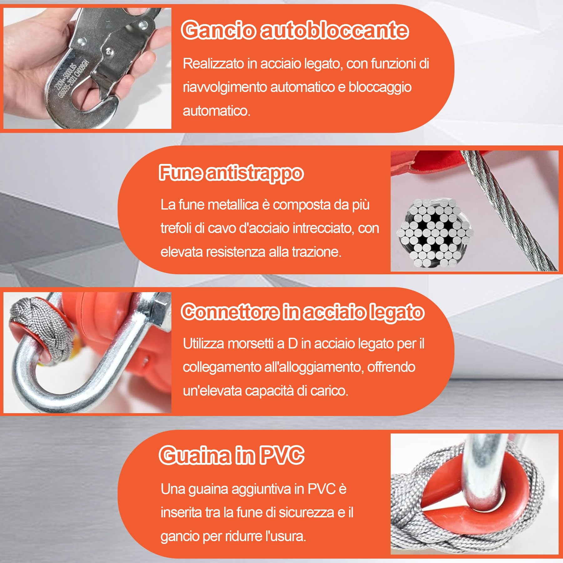 Dispositivo Anticaduta Retrattile Certificato 10m | Imbracatura di Sicurezza Anticaduta Tetto 200KG con Gancio Autobloccante, Dispositivo Sicurezza Anticaduta per Lavoro Aereo