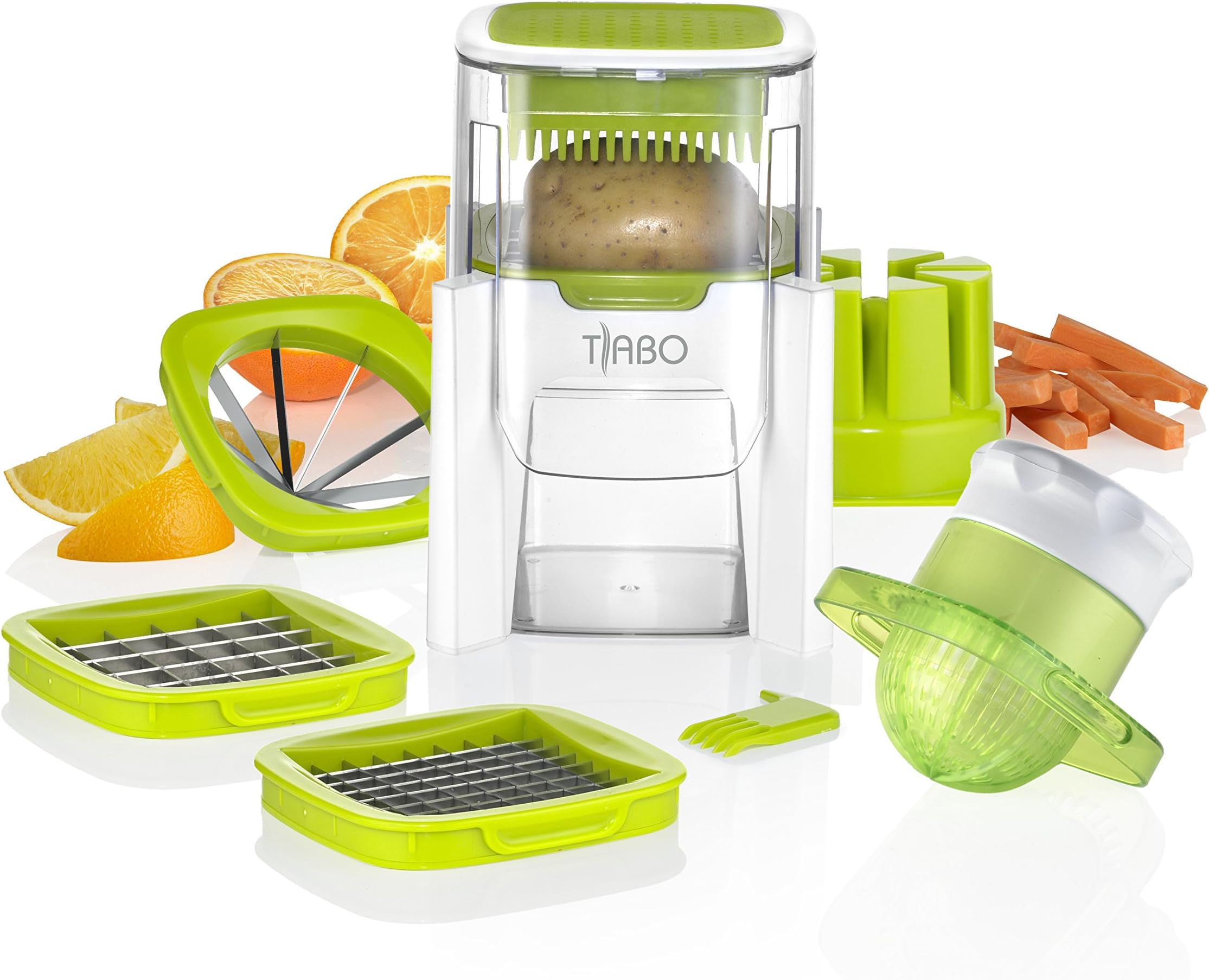 Vegetable Chopper, French fry cutter, Fruit wedge, Juicer, Dice, Mince, Slice & Cube Fruits, & More Juicer with 4 Stainless Steel Interchangeable Blades - Machine Washable, By Tiabo