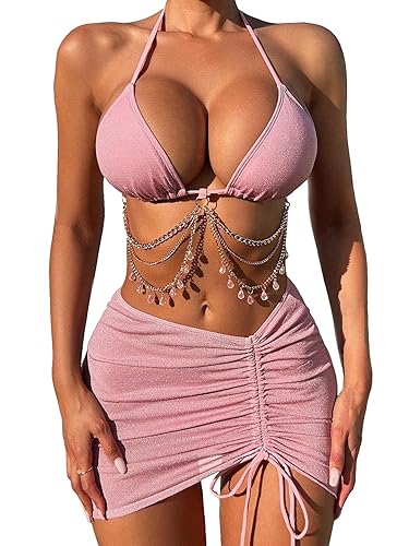 COZYEASE Women's 3 Piece Bikini Set Backless Halter Neck Triangle Chain Swimsuit Set with Beach Skirt - Large - Dusty Pink