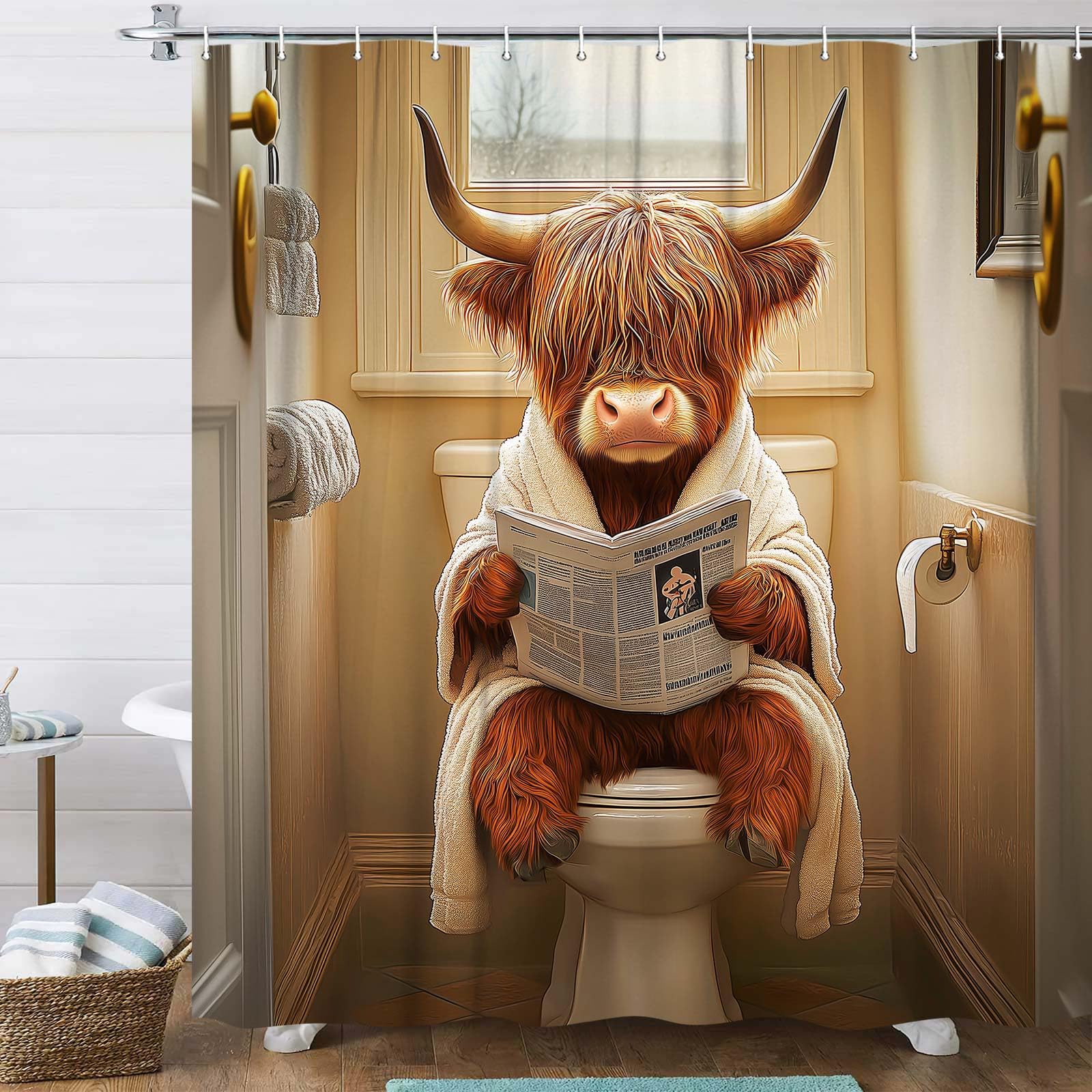 JAWO Divertida Cortina de Ducha de Vaca de Las Tierras Altas, Lindo Albornoz de Animales Sentado en el Inodoro, Cortina de baño de periódico, Tela de poliéster Impermeable, decoración de Granja Humor