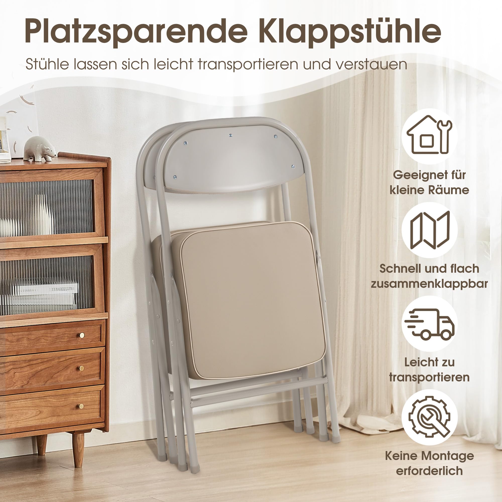 Klappstuhl mit Polster, Klappstühle 4er, Verstärkte Gepolstert, Tragbarer und Bereits montierter Klapp-Essstuhl für Gäste, Küche, Büro, Hochzeit und Party，Beige