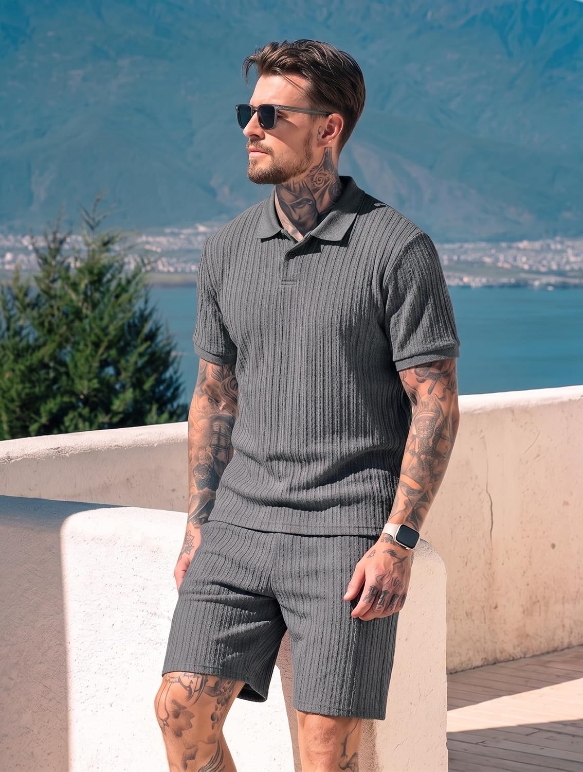 Mens 2 Piece Summer Outfits Casual Polo Shirt Short Vacation Set