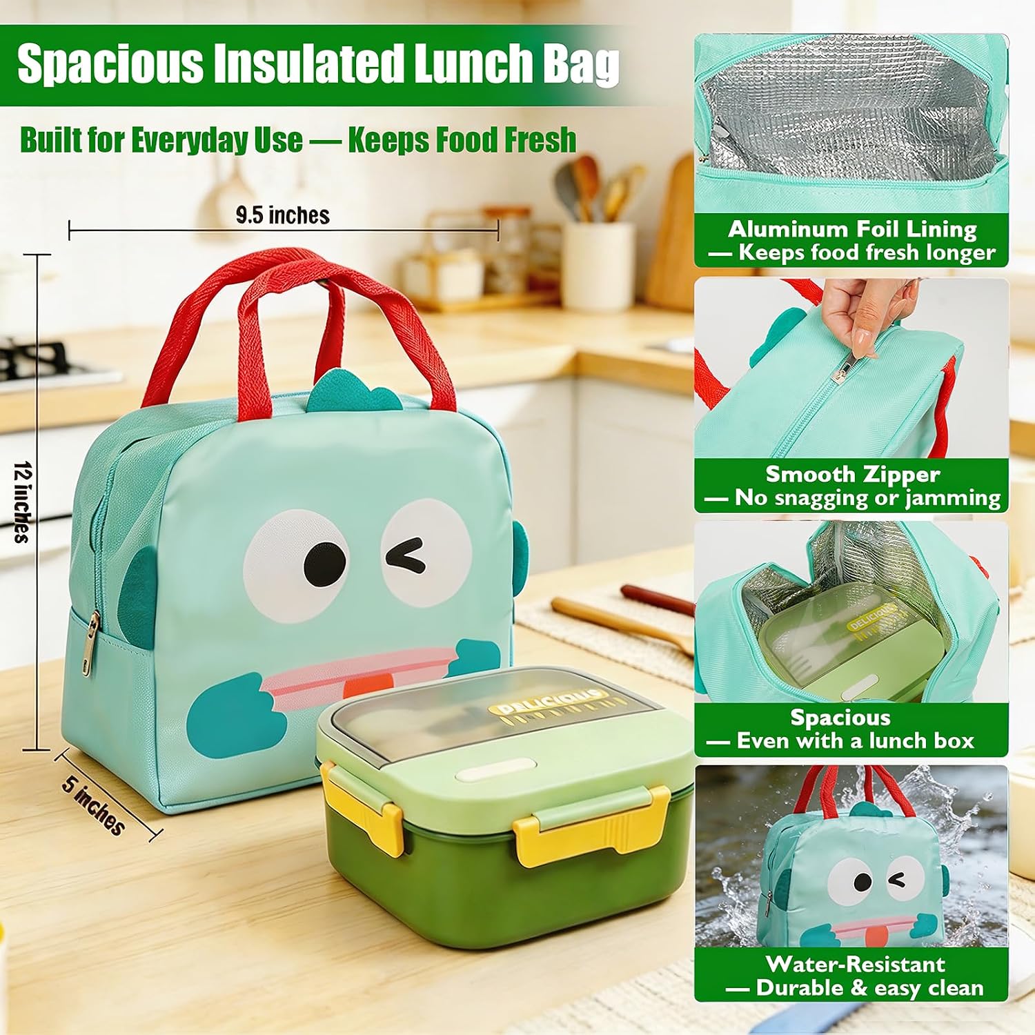Adult Lunch Bento Box with Insulated Lunch Bag, 50oz Lunch Container with 3 Sauce Containers/20oz Bottle/Utensils, Lunchbox for Women Men, Leak-Proof/BPA-Free/Microwave/Dishwasher Safe(Green)