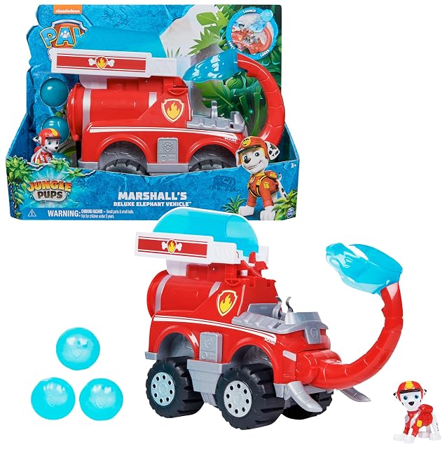 Paw Patrol Patrulla Canina - Jungle Pups: Coche de Elefante Deluxe con Lanzador de Proyectiles y Figura Marshall - Patrulla Canina Juguetes - Juguetes Niños 3 Años + - Regalo Niño 3 Años +