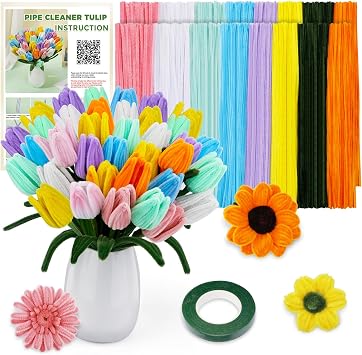 500 Pcs Pipe Cleaners Craft Pipe Cleaner Flower Kit 25 Pcs Floral Wire and Flower Tape Flower Making Kit for Classroom Project Home Decoration