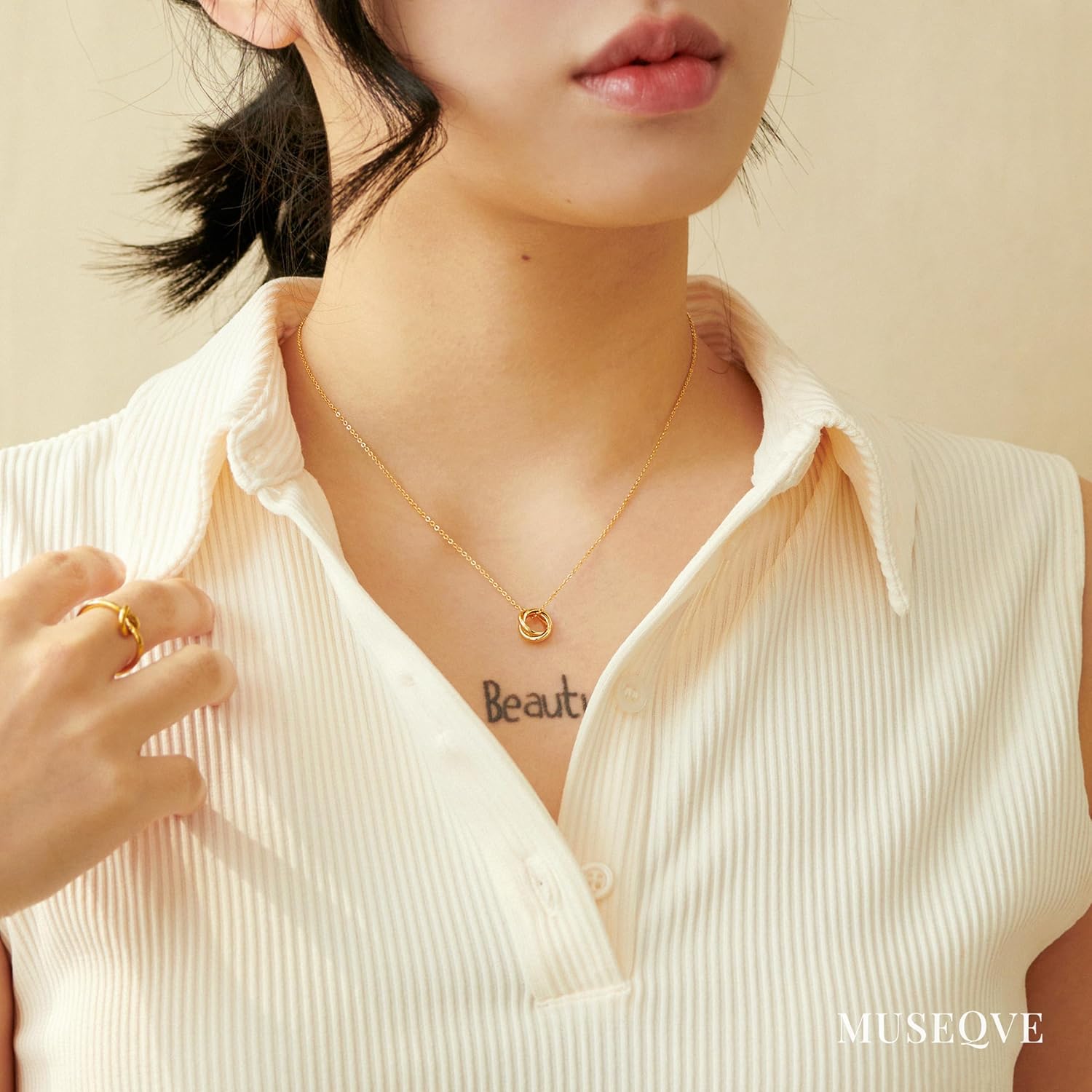 14K Gold Plated 3 Circles Necklace for Women • Interlocking Triple Rolling Ring Pendant Necklace • 19 inches Stainless Steel Jewelry Non Tarnish [TRN] - Image 4