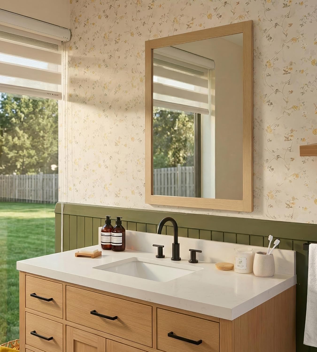 ARIEL Rectangular Wooden Mirror 24" x 36" in Natural Oak, Flexible Horizontal/Vertical Hanging for Bathroom, Vanity, Entryway & Living Room Decor, Farmhouse Style