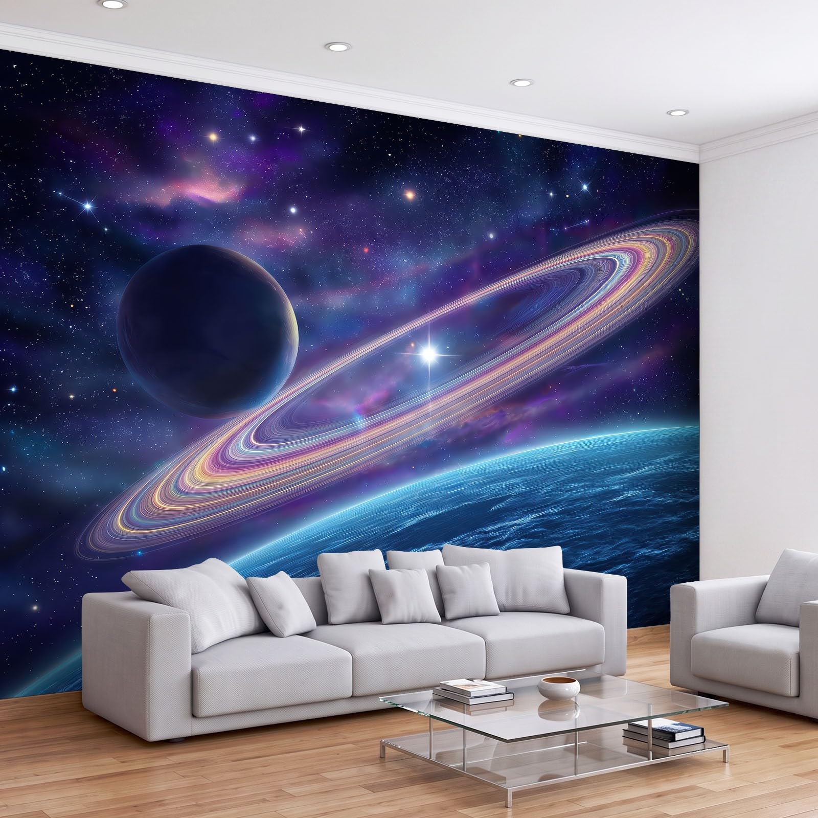 Fototapeta Science fiction, gwiaździste niebo, planeta, 500 x 280 cm, niebiesko-fioletowa, wysokiej jakości, fototapeta, sztuka ścienna 3D, dekoracja do salonu, sypialni, tło sofy