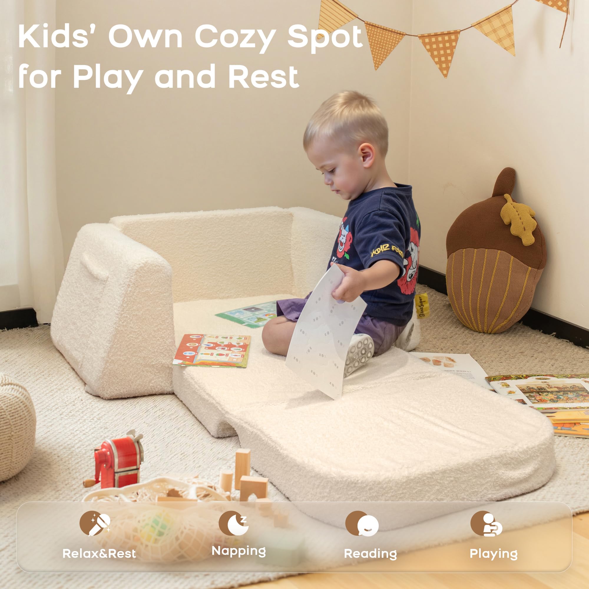 BanaSuper Kindersofa Ausklappbar, Kinder Faltsofa 2-in-1 mit Schlaffunktion, Spielsofa für Kinderzimmer & Reise, EN71 Geprüft Kindersessel, Geschenk für Jungen Mädchen (Beige)