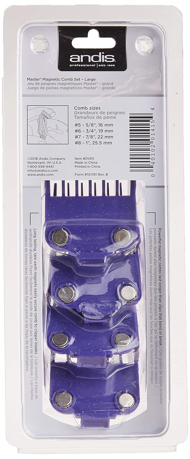 Andis 01415 Master Dual Magnet Large Comb Set - Crafted with High-Grade Metal, Contains 4 Different Size Combs - Providing a Comfortable & Snag-Free Experience - Purple