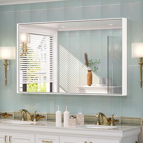 Miniatura 10 de TETOTE Espejo de baño dorado cepillado de 24 x 36 pulgadas, espejo rectangular de metal dorado con marco de tocador de baño, moderno espejo de pared