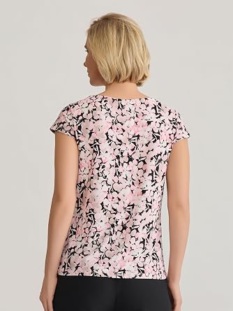 Kasper Women's Cap Sleeve Pleat Neck Printed Jersey Top