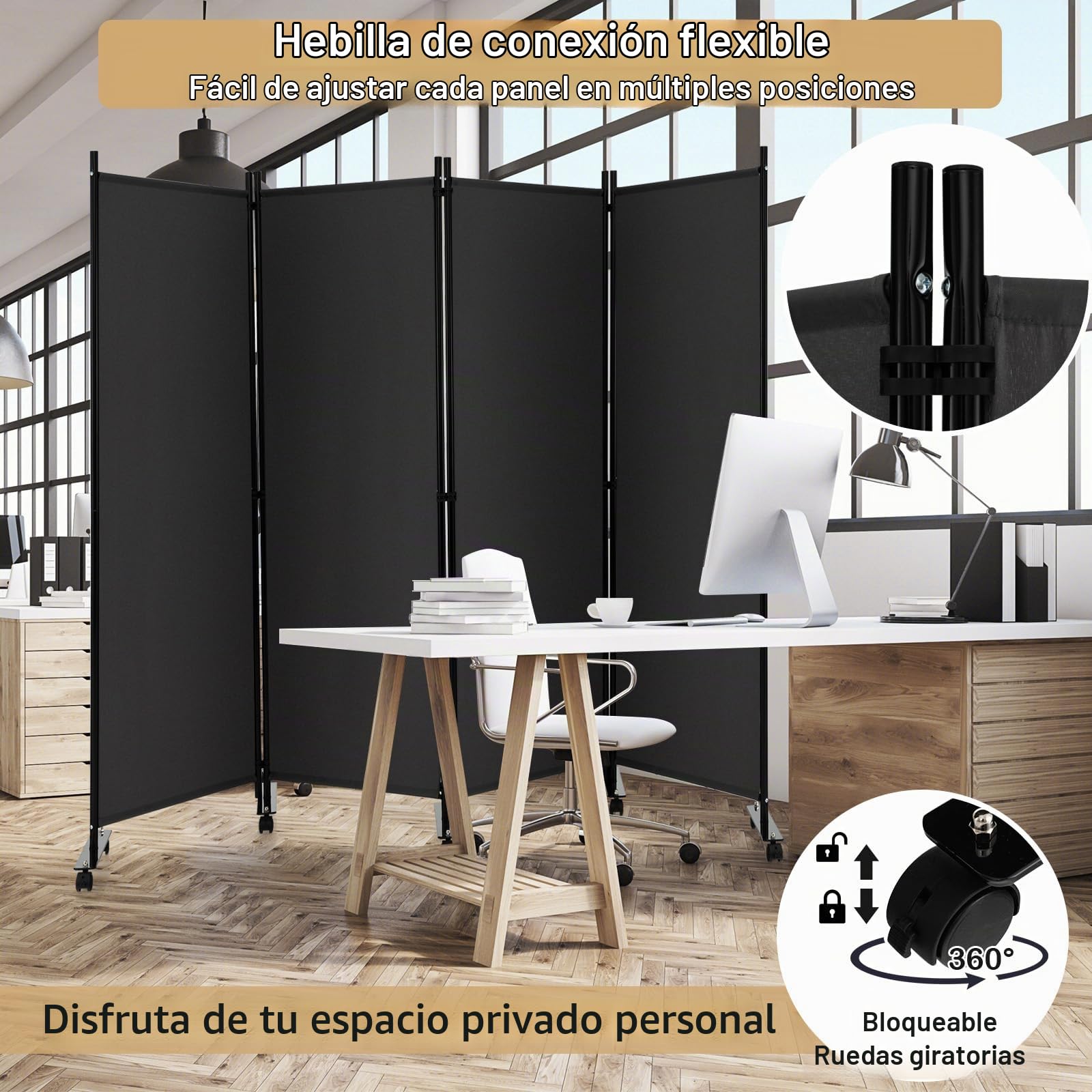LIFEZEAL Biombo Plegable de 4 Paneles Gris con Estructura Metálica (Gris) | Separador de Espacios para Interior y Exterior con 10 Ruedas, Pared Tabique y Protección de la Intimidad