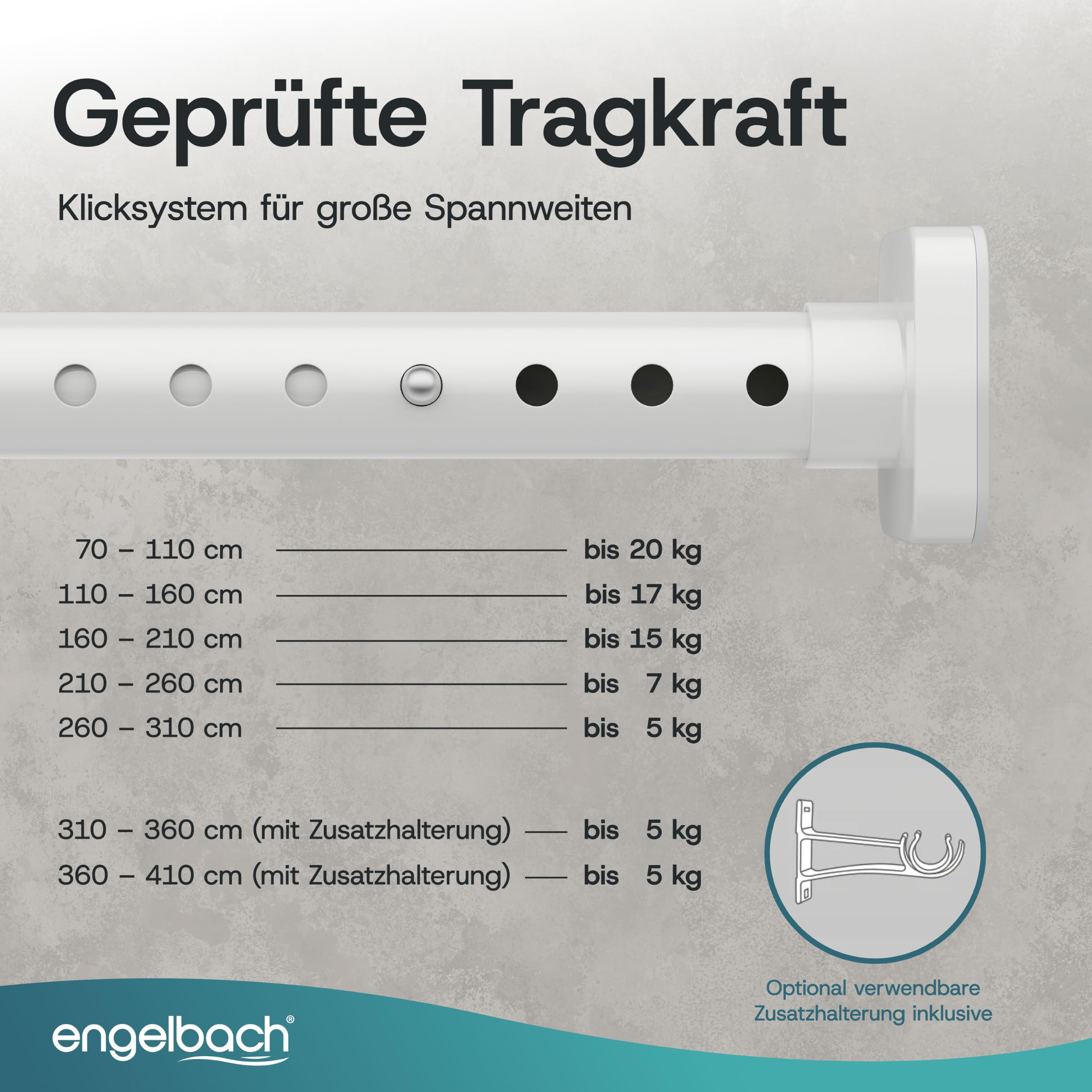 Engelbach® Gardinenstange ohne Bohren (Ø 32 mm) - Individuell anpassbare Teleskopstange - Massiver Kabonstahl für stabilen Halt, Vorhangstange, Duschvorhangstange, 260-310cm Weiß