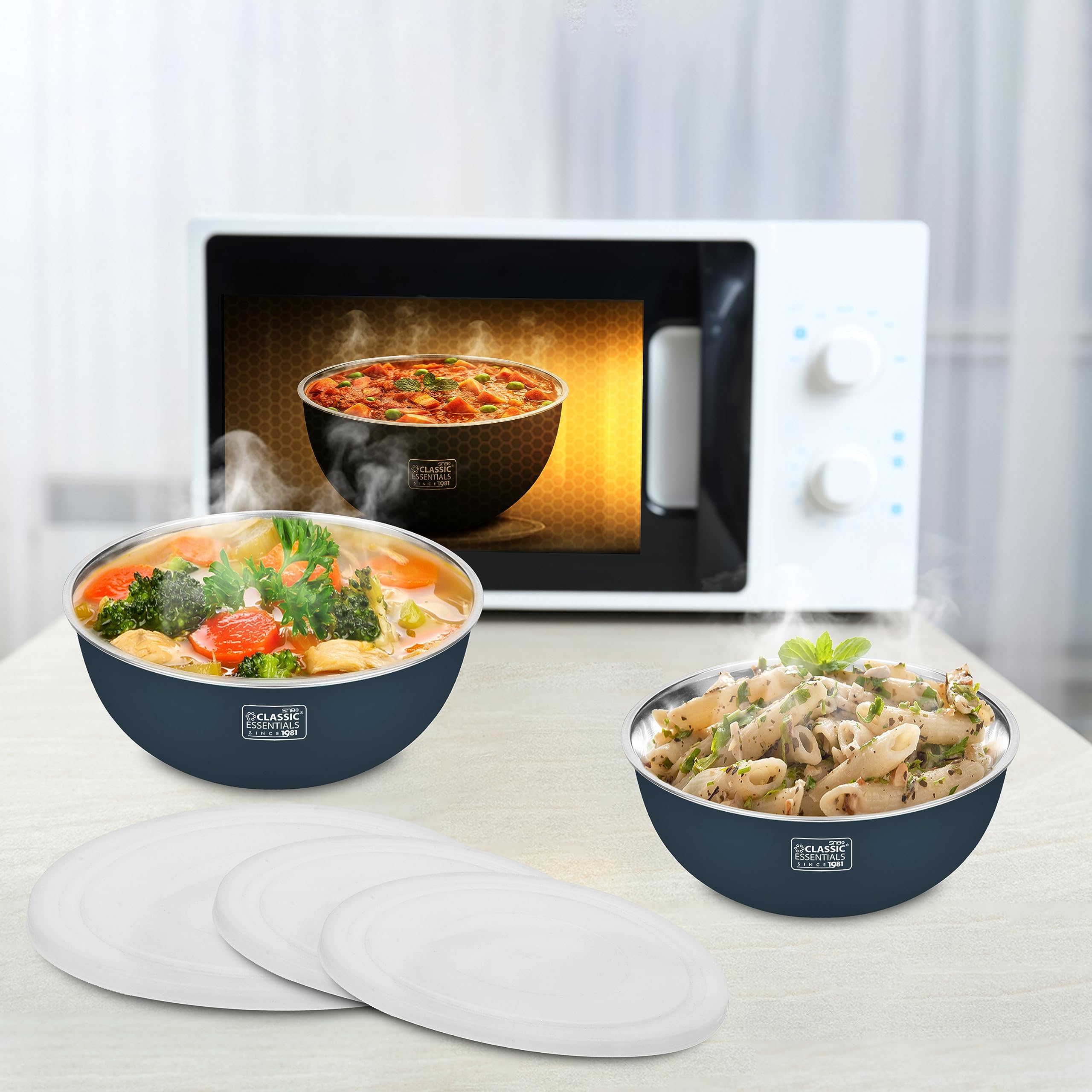 CLASSIC ESSENTIALS Stainless Steel Microwave Safe Mixing Bowls Set with Lid | Food Serving and Storage Containers | Scratch Resistant | Set of 3 (500 ml, 750 ml & 1250 ml) Blue 4