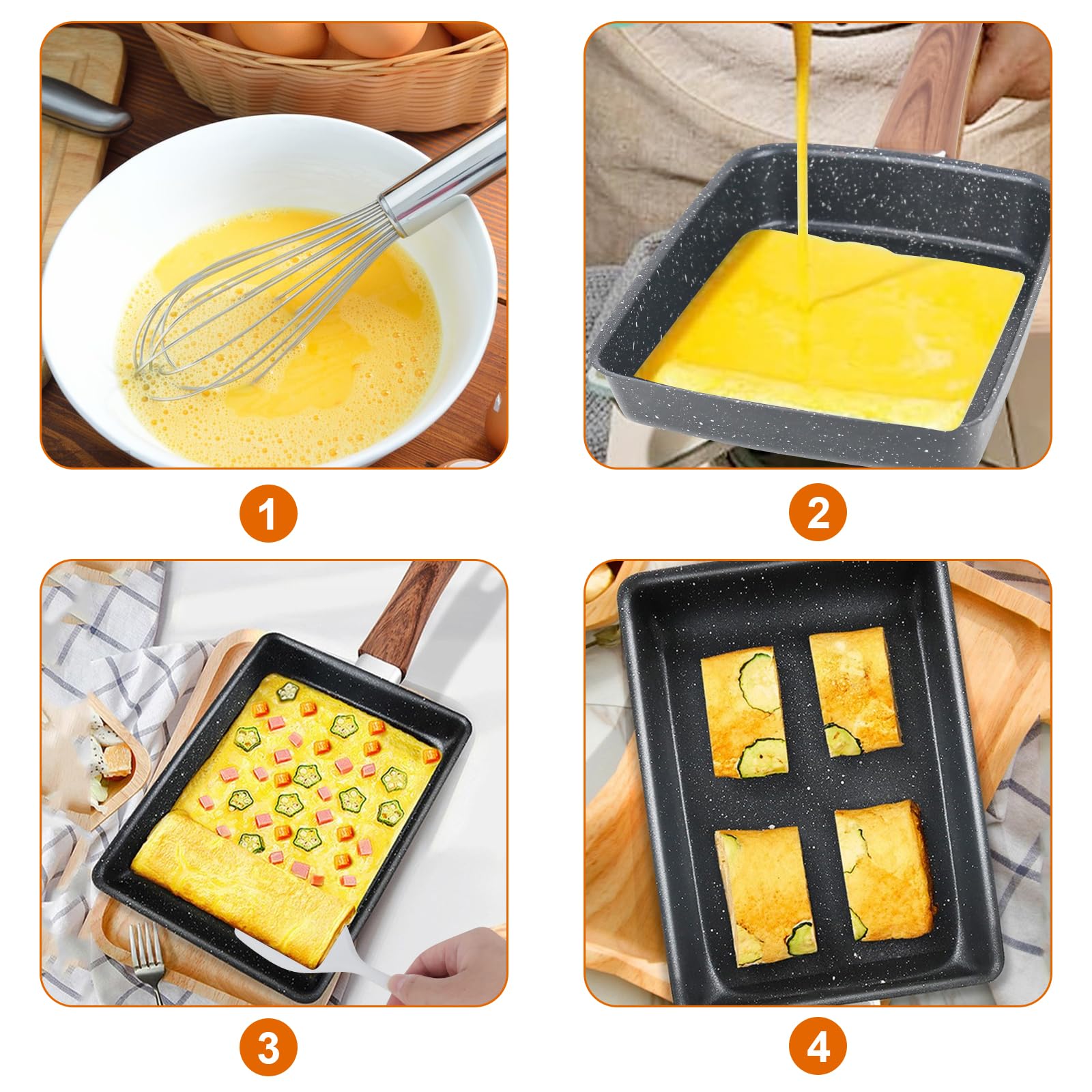 Tamagoyaki patelnia indukcyjna, japońska patelnia z silikonową szpatułką, pędzlem, gąbką, powłoką zapobiegającą przywieraniu, do wszystkich rodzajów kuchenek, piekarnika 19 x 16 cm