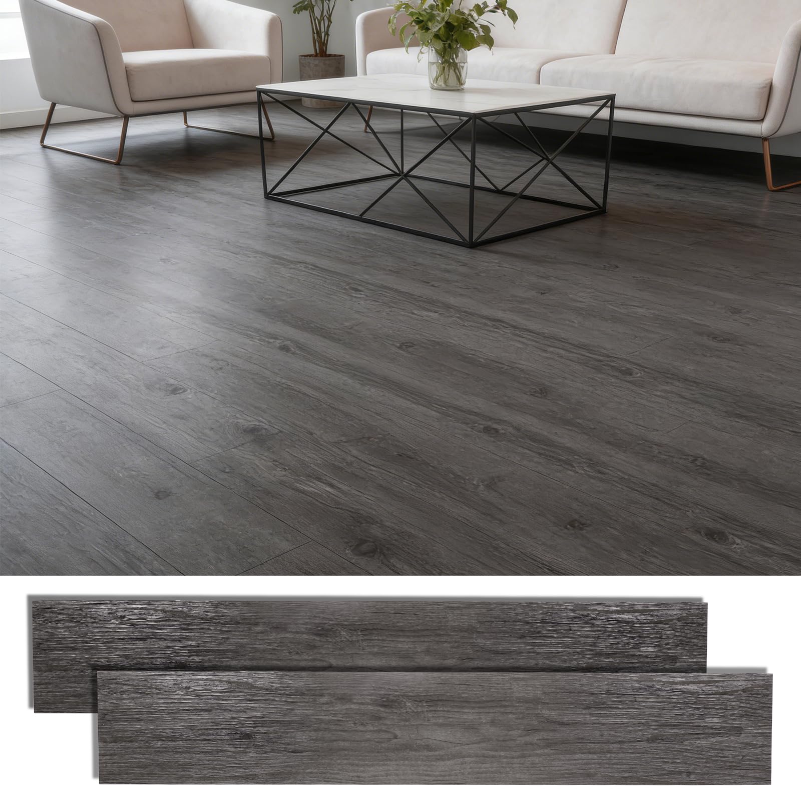 5.02m²/ Vinylboden Selbstklebend, 36 Stück PVC Bodenbelag Selbstklebend mit Holzoptik, Wasserfest Klebefliesen Boden für Küche Wohnzimmer Bodenbelag - 15,24 cm x 91,44 cm - Dicke 2 mm(Anthrazit)
