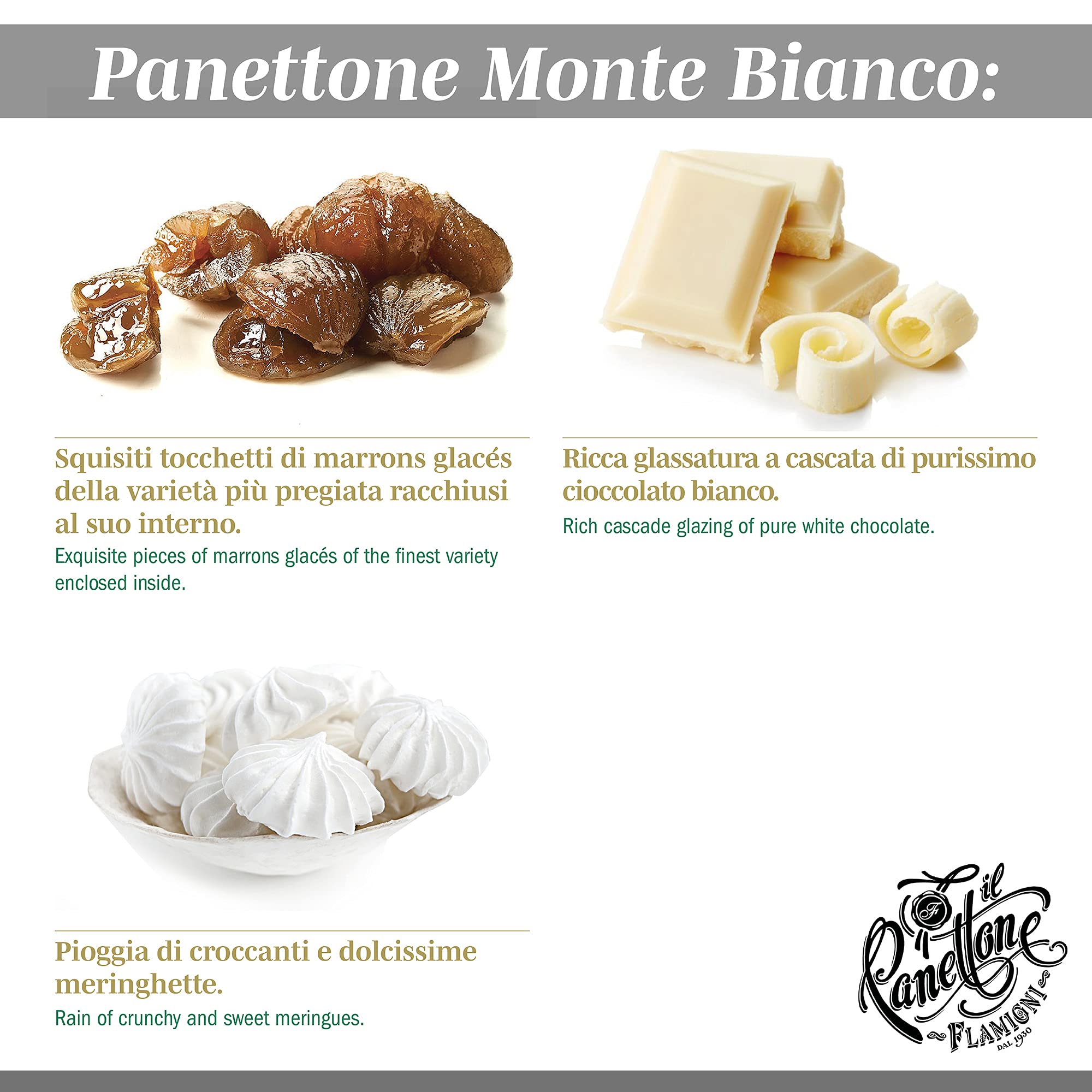 FLAMIGNI, Panettone Artisanal Italien Farci Mont Blanc à la Crème de Marrons et Morceaux de Marrons Glacés, Glacé au Chocolat Blanc et Meringues Croquantes, Coffret Spécial Noël, 950 gr