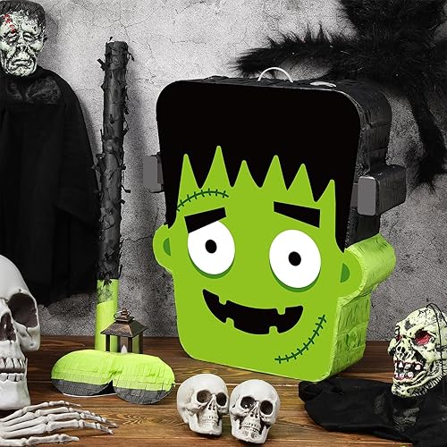 Miniatura 2 de Aoriher Piñata de Halloween, piñata verde, piñata diablo, piñata mexicana con palo vendados y confeti para Halloween, cumpleaños, fiesta,