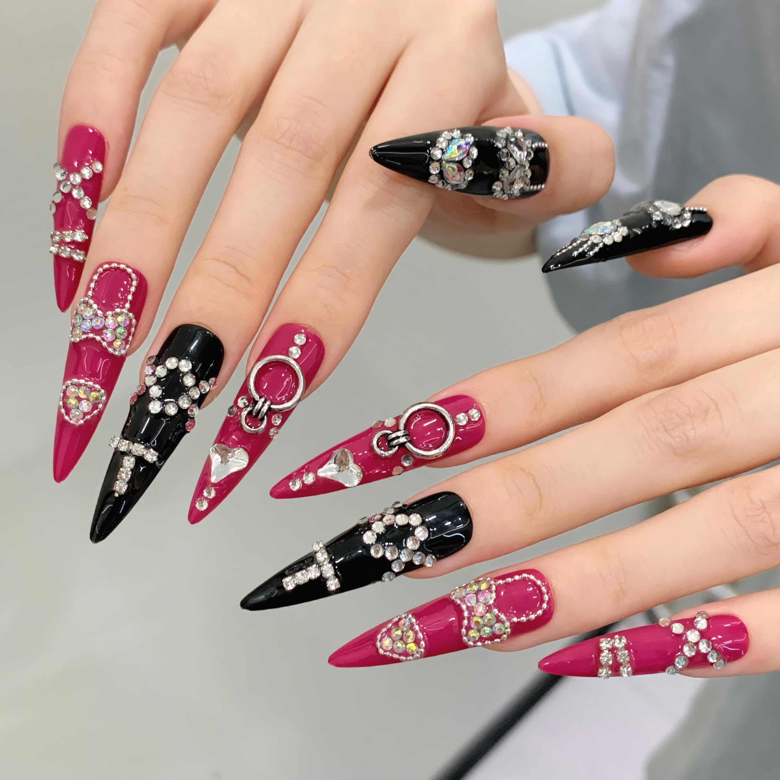 Liccom Press-On Nails "Nero & Rosa Spina” – Unghie Finte Eleganti Nero e Rosa con Strass e Cristalli, Design Dark Neon di Lusso, Facile Applicazione, Riutilizzabili (S, L. da27mm a 32mm, Mandorla)