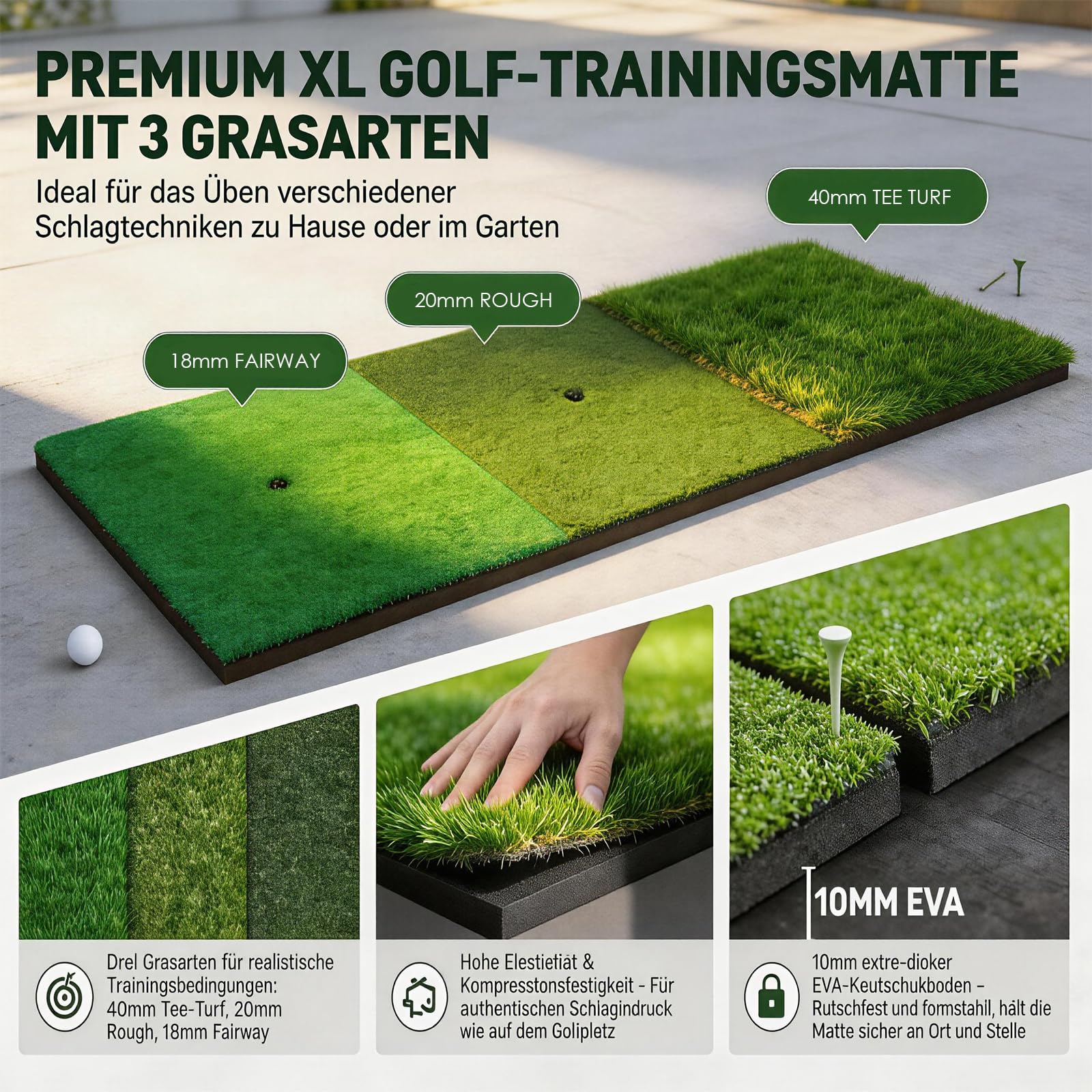 Red de prácticas de Golf con Alfombrilla, Kit de Entrenamiento portátil de 300x200cm con 3 Alfombrillas de golpeo, 10 Pelotas de Golf, Tees y Bolsa de Transporte para Uso en Interiores y Exteriores