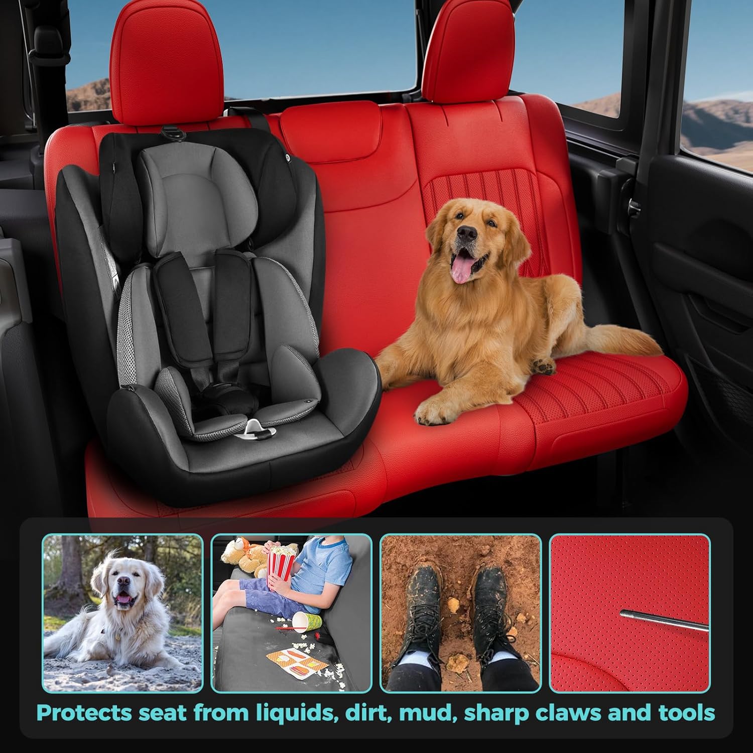 for Jeep Wrangler Seat Covers 4 Door JL 2026 2025 2024 2023 2022 2021 2020 2019 2018 Custom Seat Cover Full Set Faux Leather Without Rear Cup Holder - Red