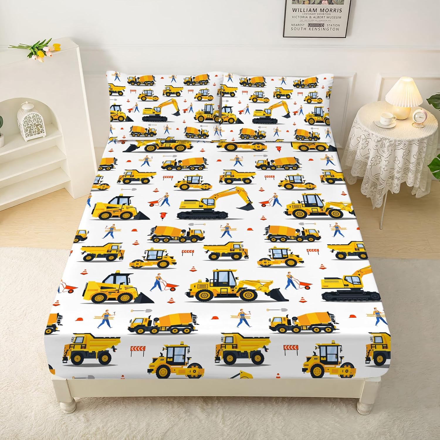 Yasida Kids Queen Fitted Sheet Car Sheets Queen Cartoon Excavator Truck Lifter Bedding 3D Printed Washable Machines Sheets with 1 Fitted Sheet + 2 Pillowcases