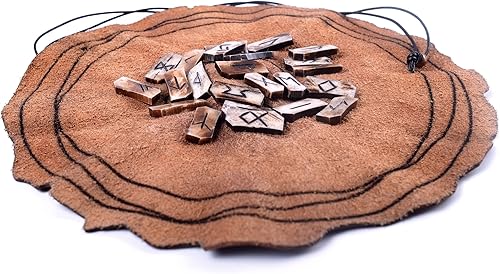 Miniatura 6 de Juego de adivinación de runas vikingas con piezas de piedra runa de Futhark de hueso genuino y alfombrilla de adivinación de cuero prémium