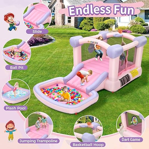 Miniatura 2 de WONFUY Castillo inflable de salto, castillo de salto para niños, casa hinchable para patio trasero con soplador, pozo de bolas, aro de baloncesto,