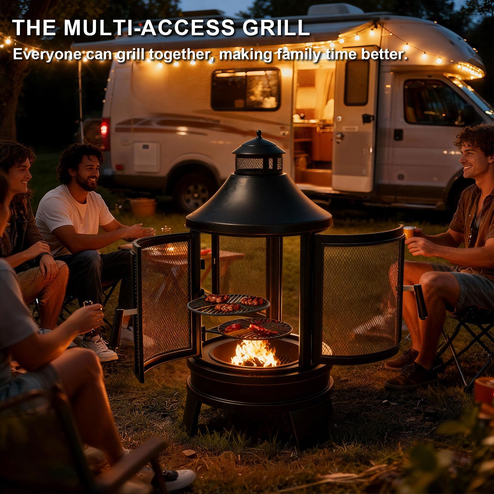 ALAULM Braciere in metallo con griglia, braciere 2 in 1 con griglia regolabile e porta zanzariera a rete, camino a 3 porte multi-accesso per patio, giardino e cortile