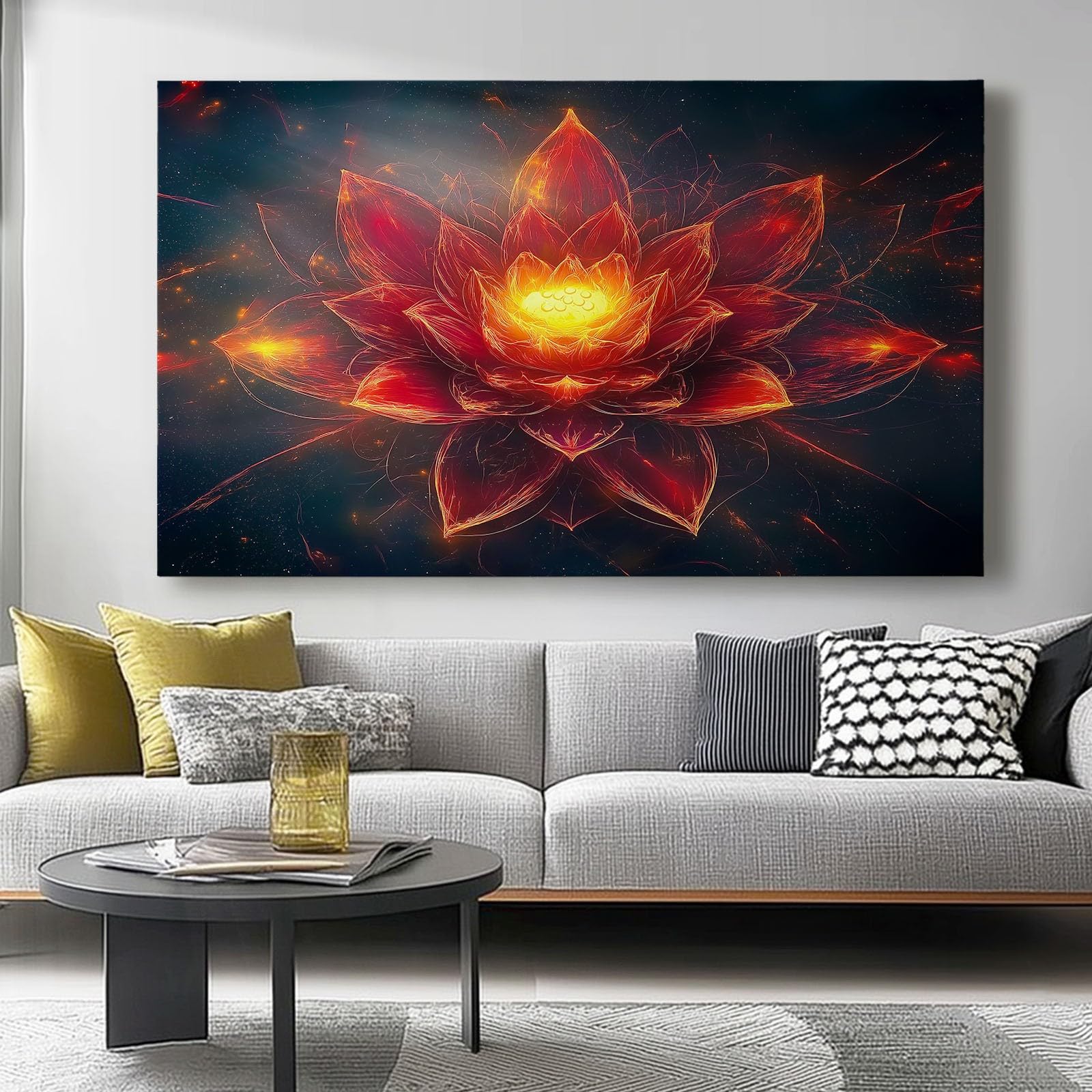Canvas Wall Art, Flowers Lotus Fantasy Pictures for Living Room and Bedroom, 60L x 40W cm Canvas Prints Minimalist Modern Artwork for Bedroom Office Home Red Orange