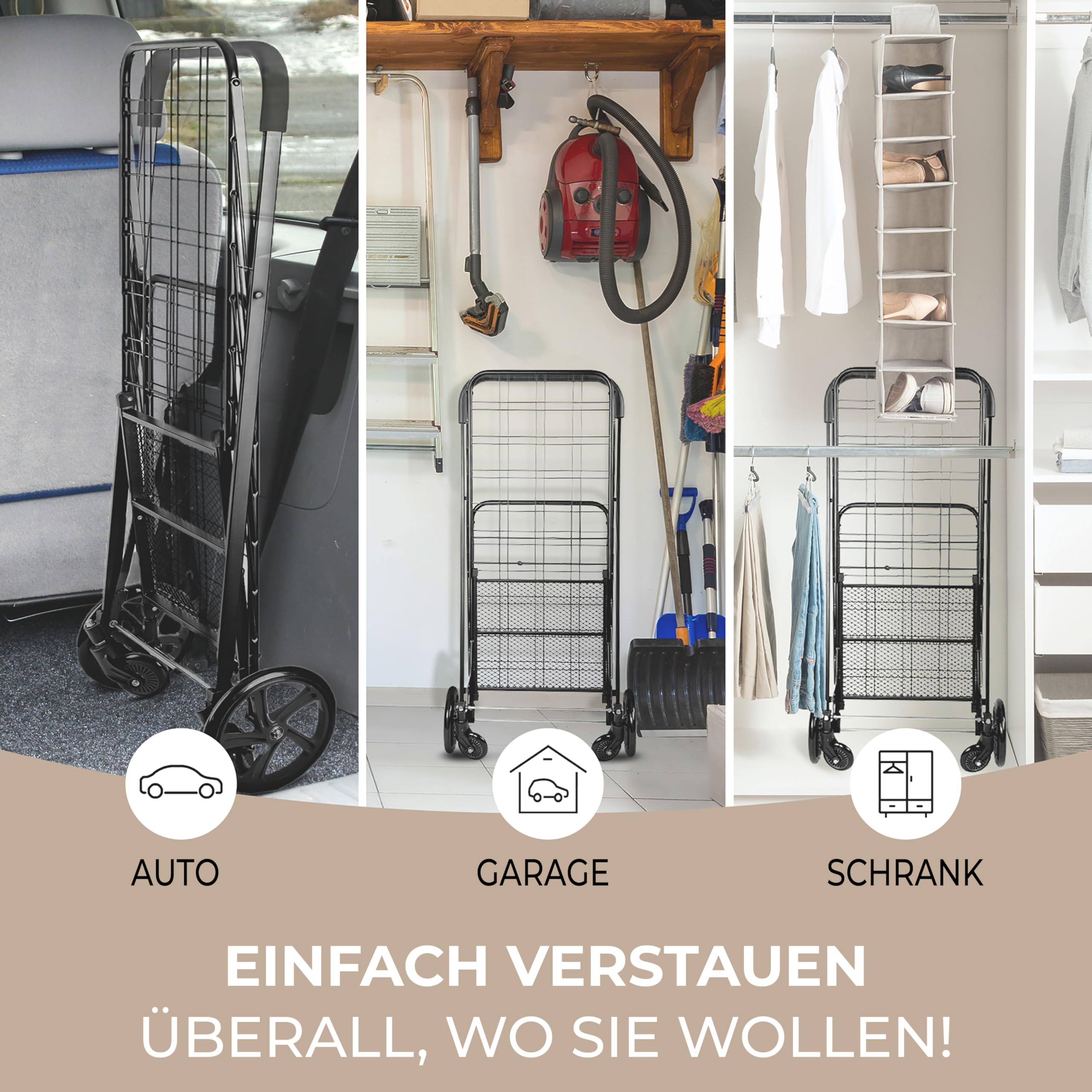 Serenelife Einkaufstrolley Klappbar, Einkaufswagen mit 50L Kapazität, Shopping Trolley bis 31.8kg Belastbar, Hackenporsche -Metall mit 360° Schwenkbare Räder, Tasche abnehmbar, Treppensteiger, Schwarz