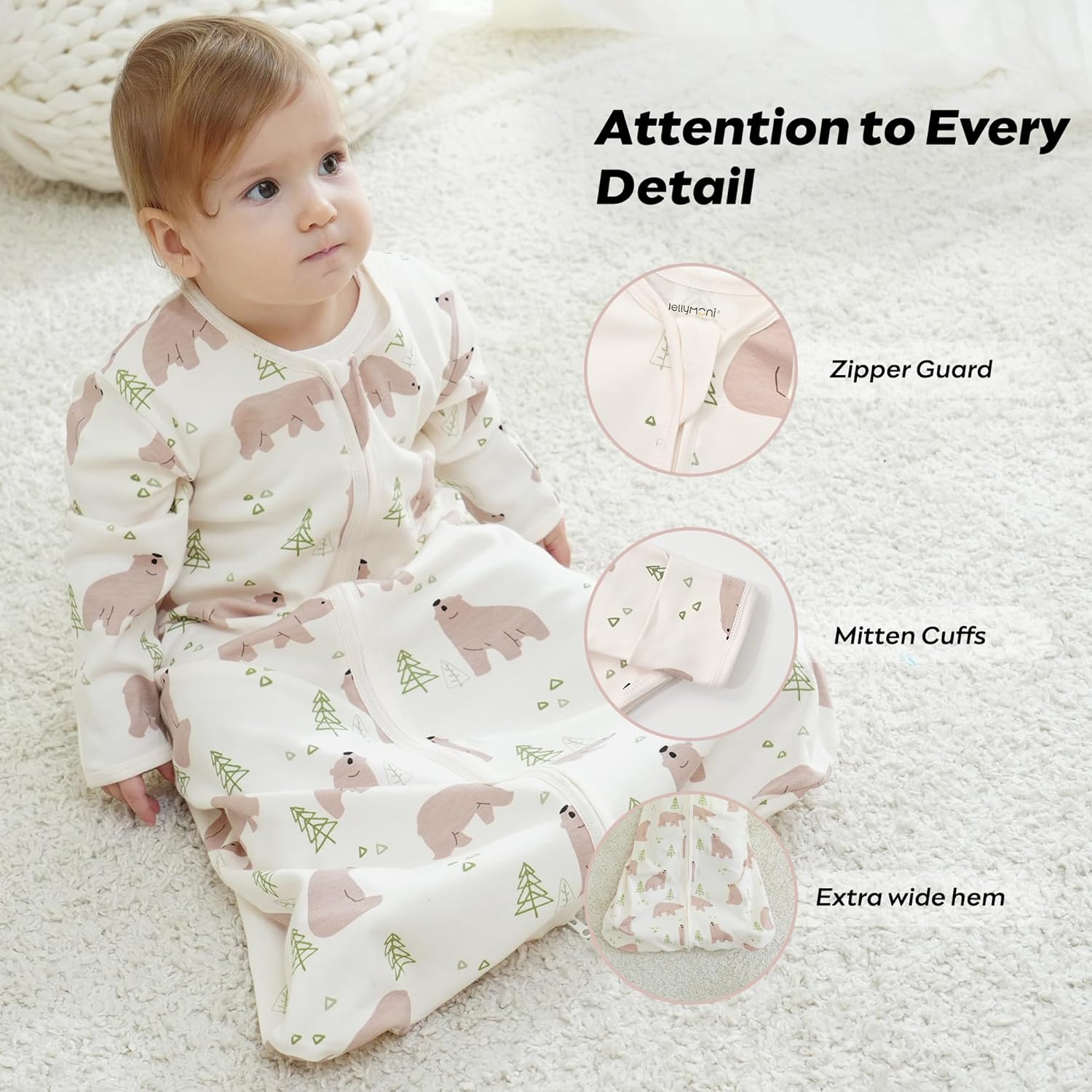 JELLYMONI Baby Sleep Sack 6-12 Months Long Sleeve Wearable Blanket for Baby, 100% Cotton 2 Pack Infant Toddler Baby Sleeping Sack Lightweight Soft 2-Way Zipper - Image 2