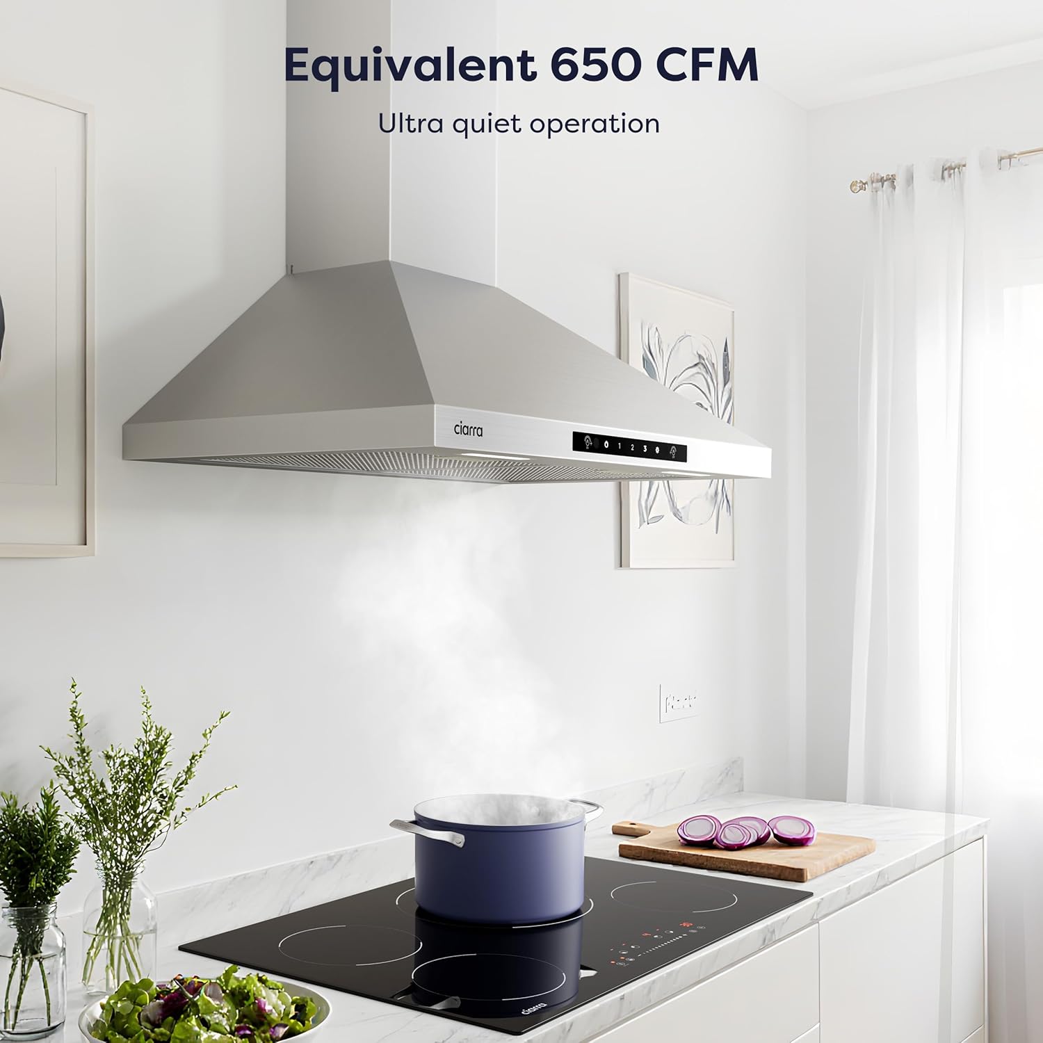 CIARRA 30 Inch Wall Mount Range Hood, 650CFM Ductless Ducted Kitchen Vent Hood, Touch & Gesture Control, 3 Speed, 2 Level LED Lights & 5-Layer Aluminum Filters