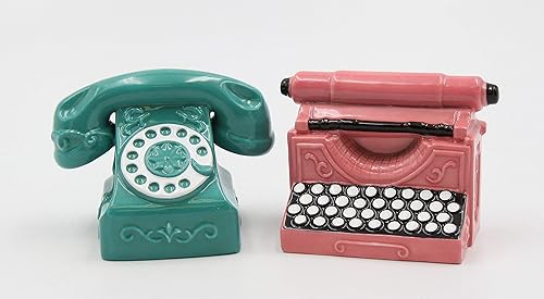 Miniatura 2 de Juego de salero y pimentero retro vintage de porcelana fina, teléfono y máquina de escribir, 3-3/8 pulgadas