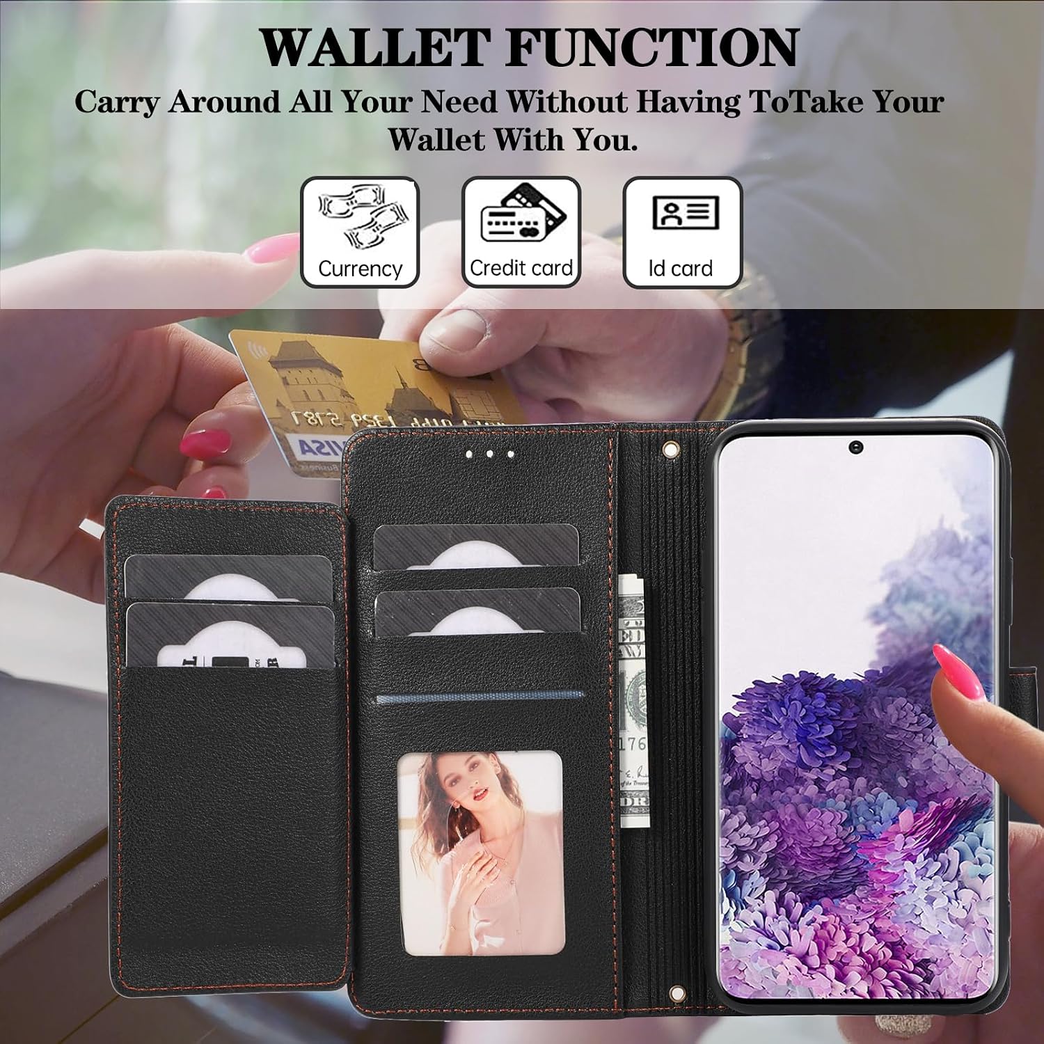 Compatible with Samsung Galaxy S20 5G 6.2 inch Wallet Case Wrist Strap, Crossbody Strap, Mirror Leather Flip Credit Card Holder Stand Cell Phone Cover for S 20 20S UW S2O G5 Women Men Black