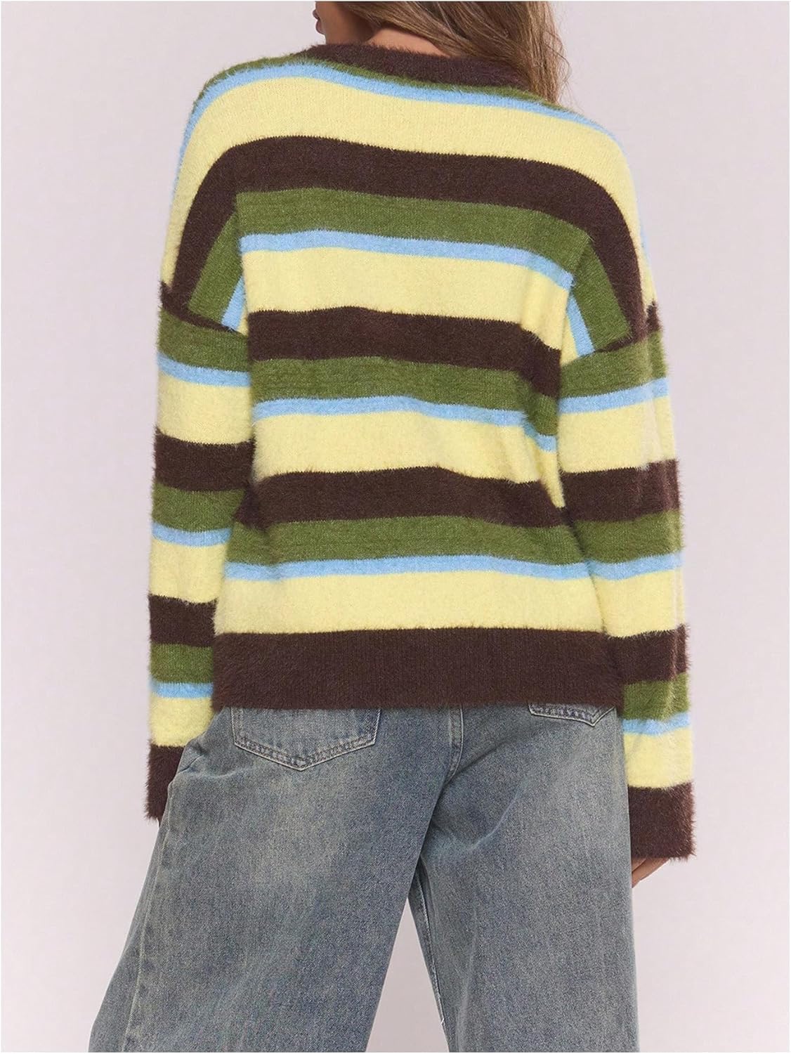 MakeMeChic Women's Striped Crew Neck Sweater Long Sleeve Knit Pullover Tops - Image 3