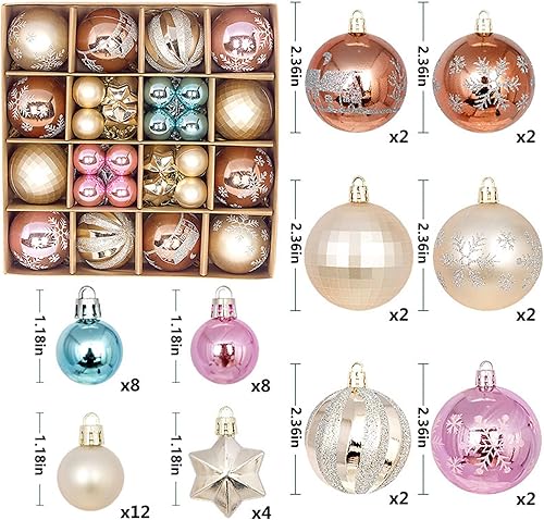 Vista 2 de Esferas decorativas de Navidad, 44 bolas colgantes de 2.361.18 pulgadas, 9 estilos, ciervos, copos de nieve, bolas de Navidad, adornos de estrella