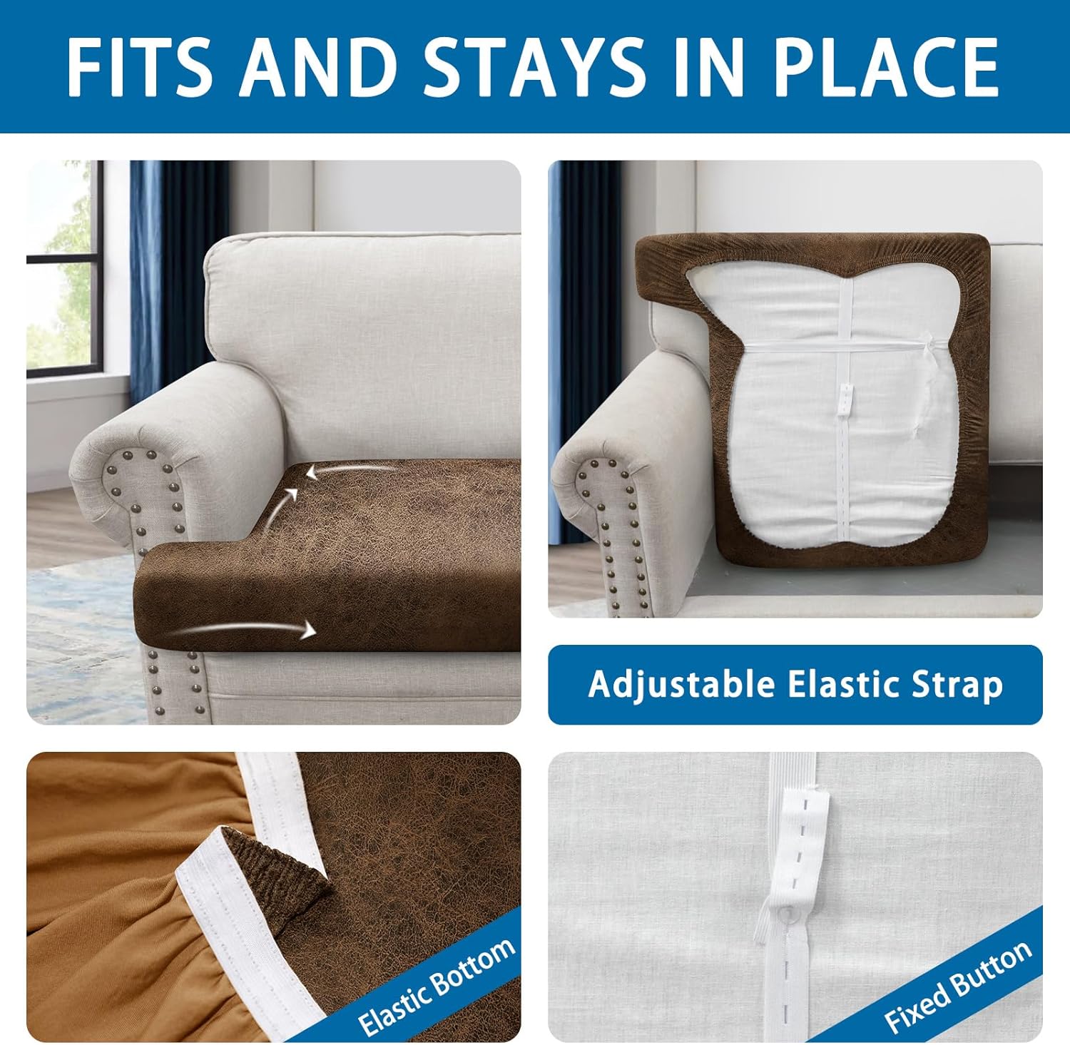 T Cushion Sofa Slipcovers Leather-Look 3PC Stretch Sofa Cushion Covers for 3 Cushion Couch Individually Couch Seat Covers with Elastic Bands, Pet-Friendly, Non-Slip, Easy Fit - Brown